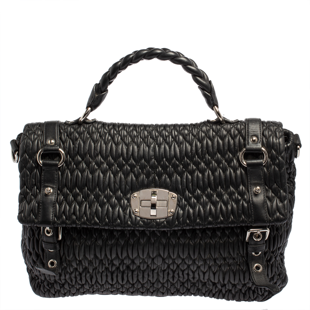 Miu Miu Black Matelasse Leather Turnlock Flap Top Handle Bag