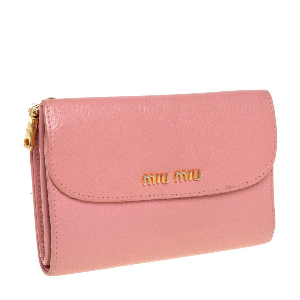 Miu Miu Pink Leather Madras Compact Wallet