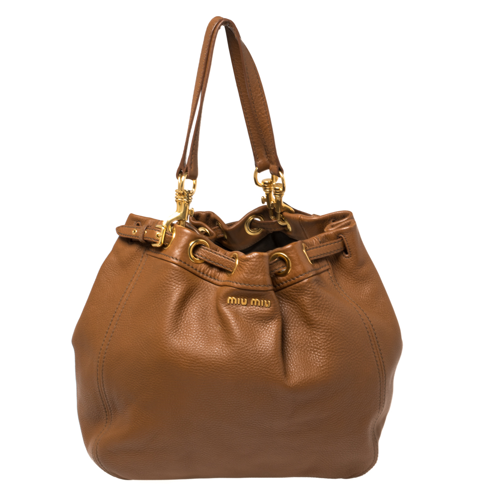 Miu Miu Brown Leather Drawstring Bucket Bag