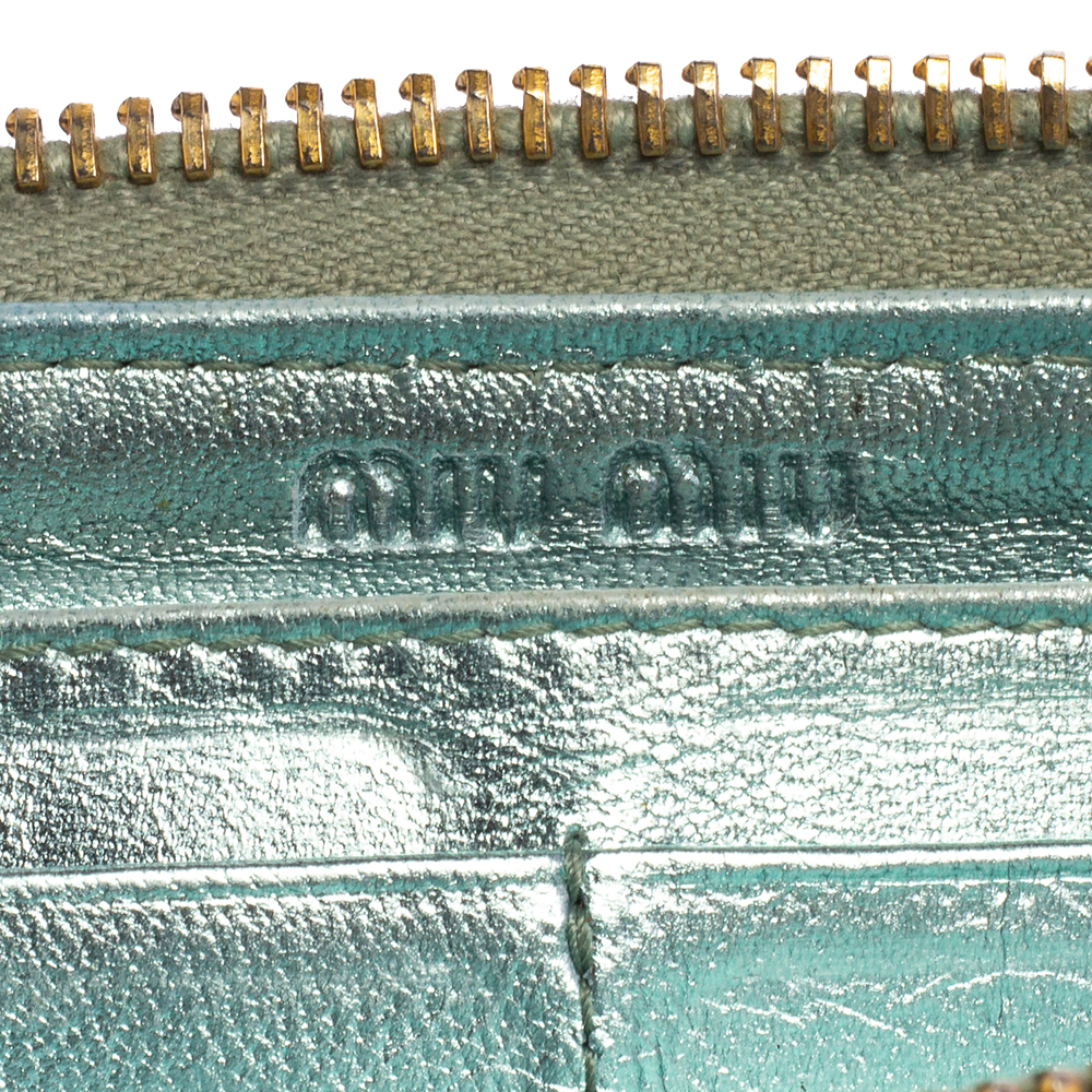 Miu Miu Metallic Blue Leather Zip Around Wallet