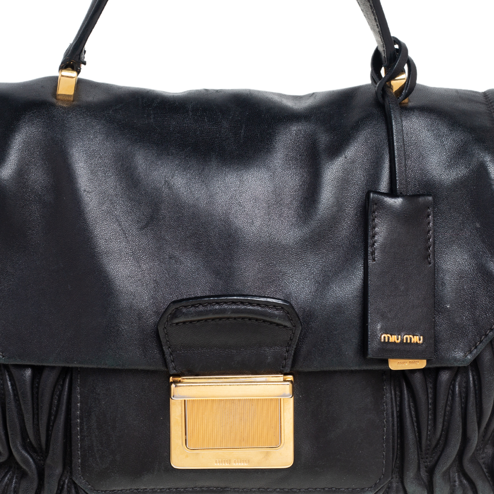 Miu Miu Black Matelassé Leather Push Lock Top Handle Bag