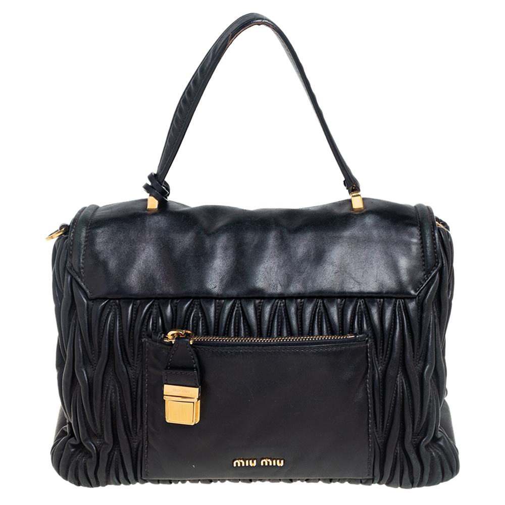 Miu Miu Black Matelassé Leather Push Lock Top Handle Bag