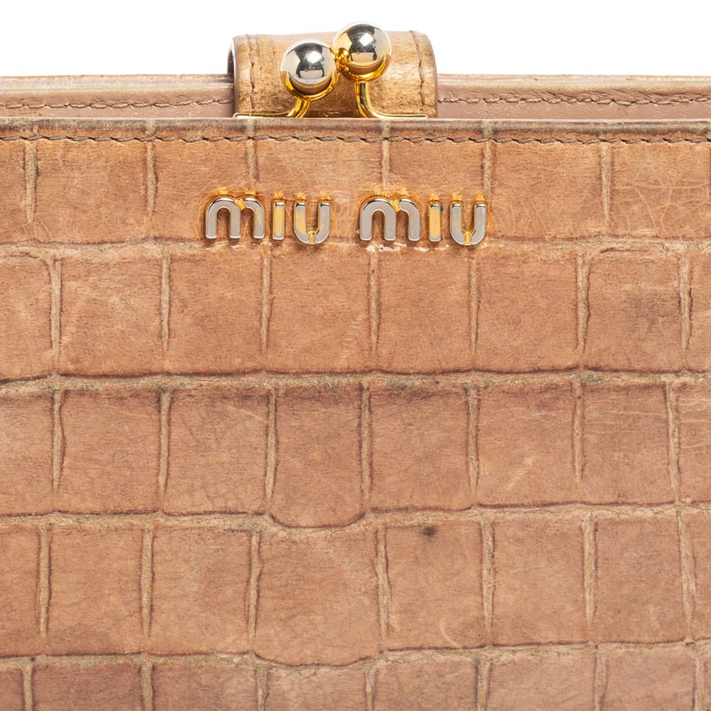 Miu Miu Beige Croc Embossed Leather Long Wallet