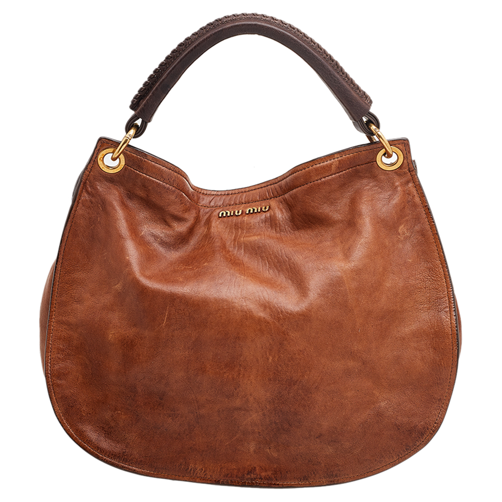 Miu Miu Brown Ostrich And Leather Top Handle Bag
