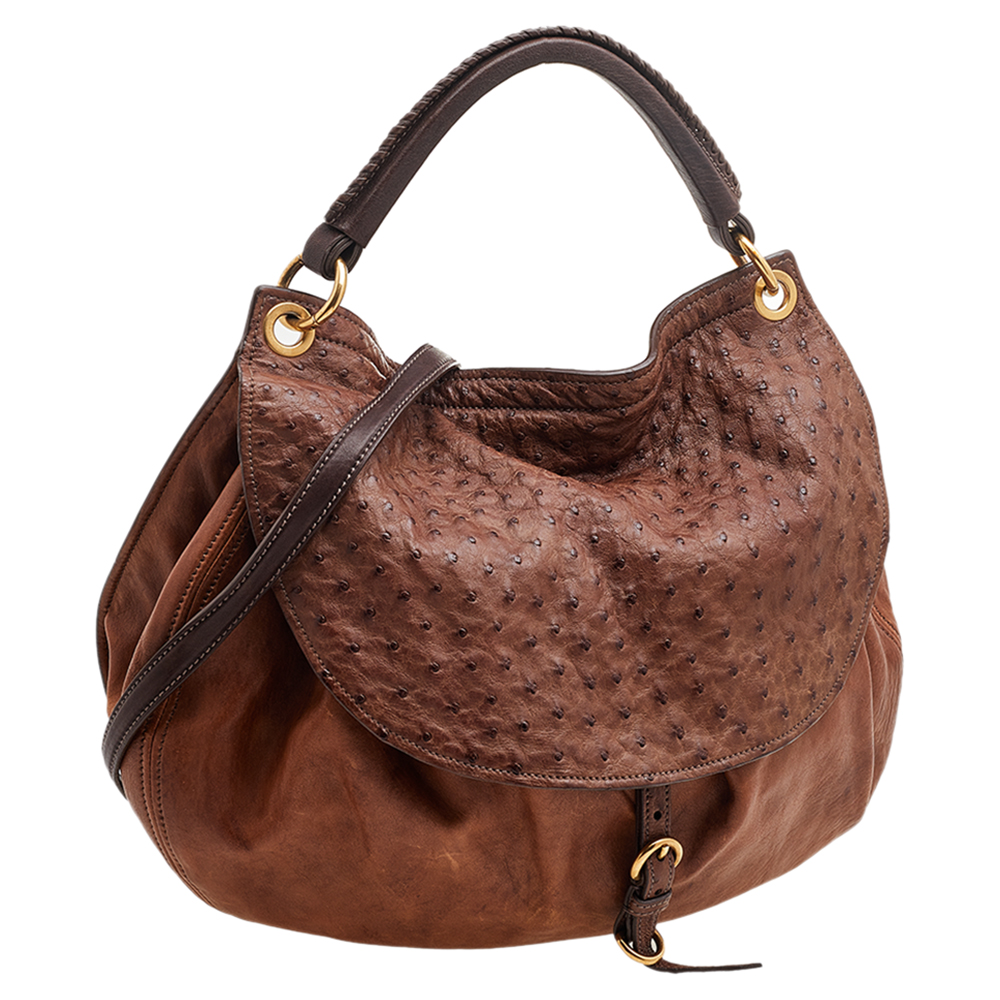 Miu Miu Brown Ostrich And Leather Top Handle Bag