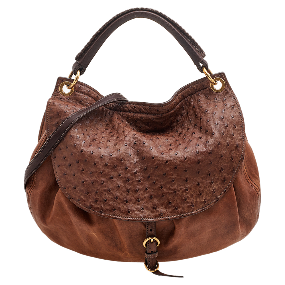 Miu miu brown ostrich and leather top handle bag