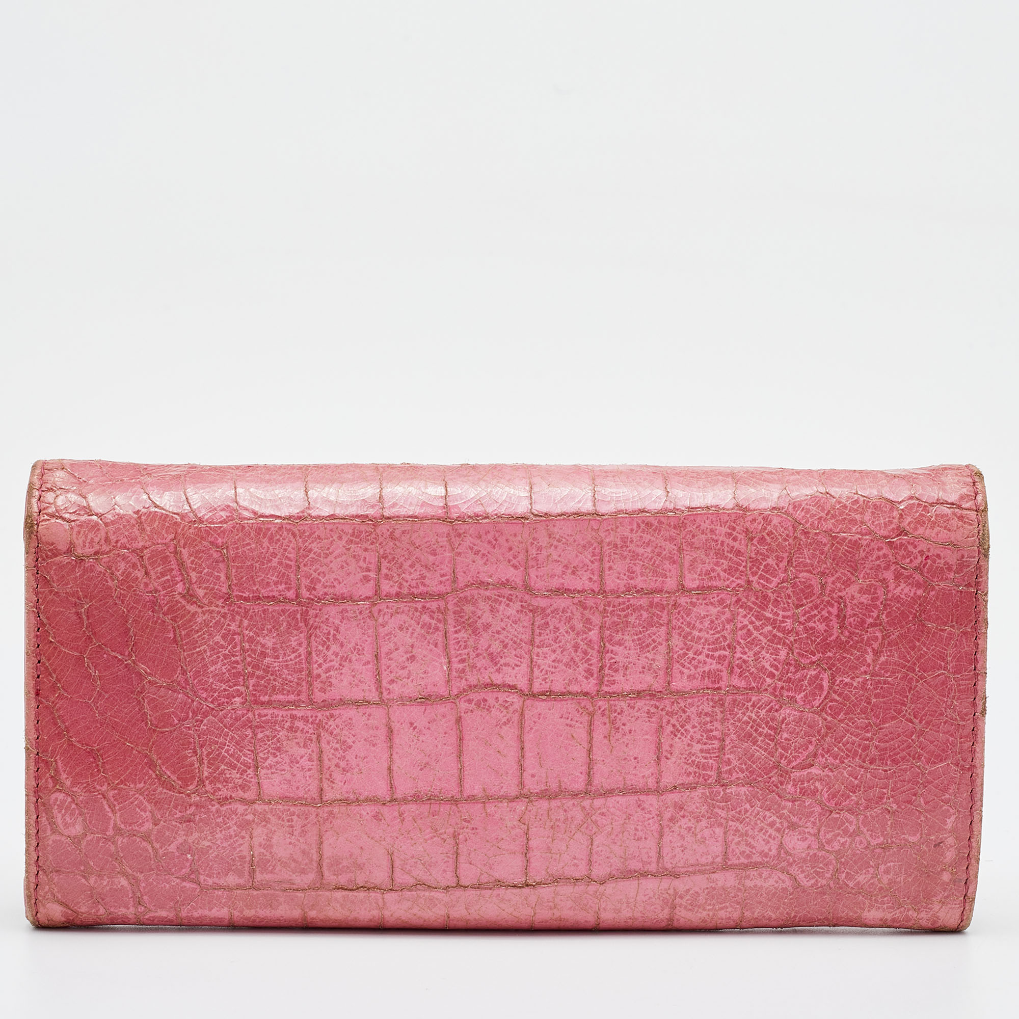 Miu Miu Pink Croc Embossed Patent Leather Flap Continental Wallet