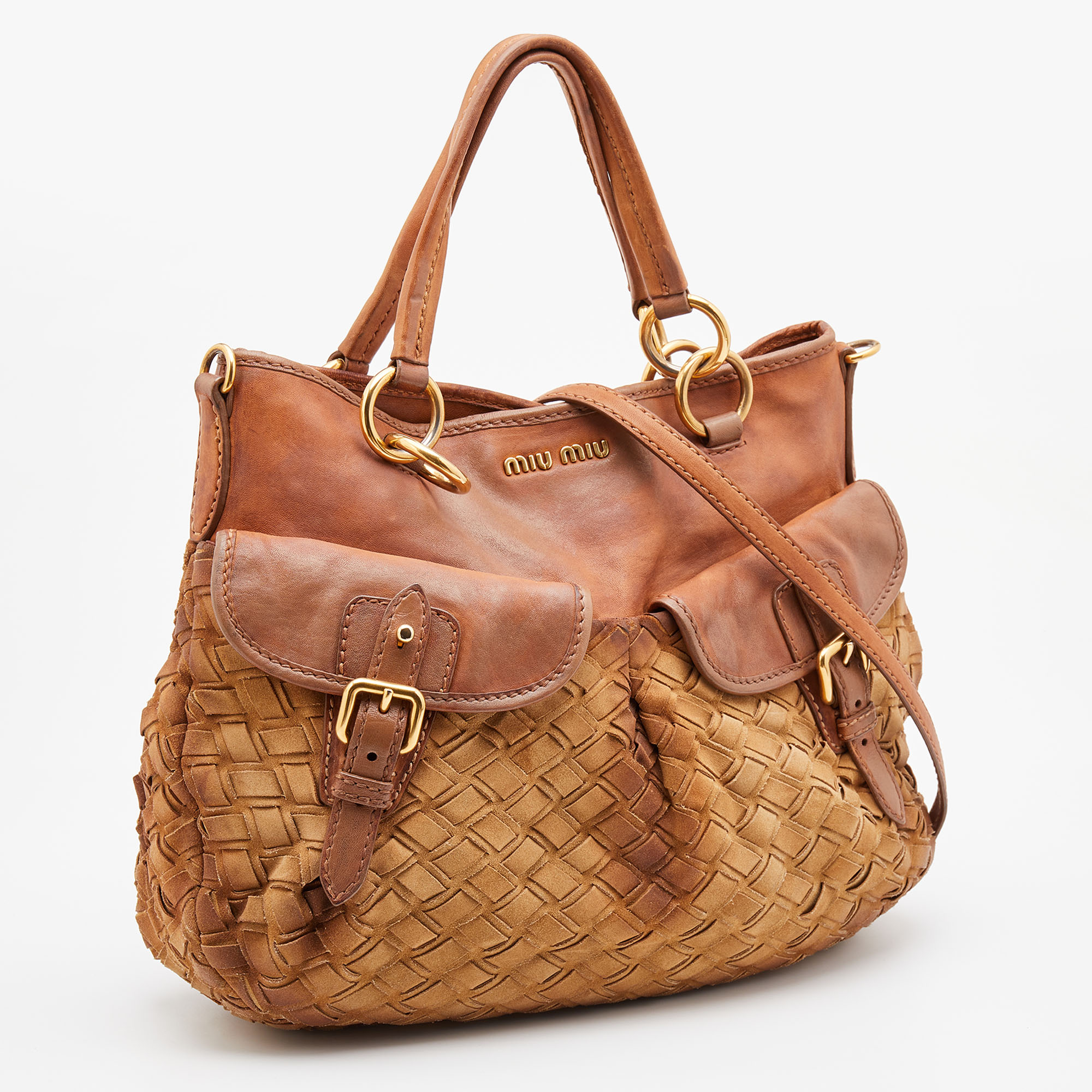 Miu Miu Brown Woven Suede And Leather Satchel