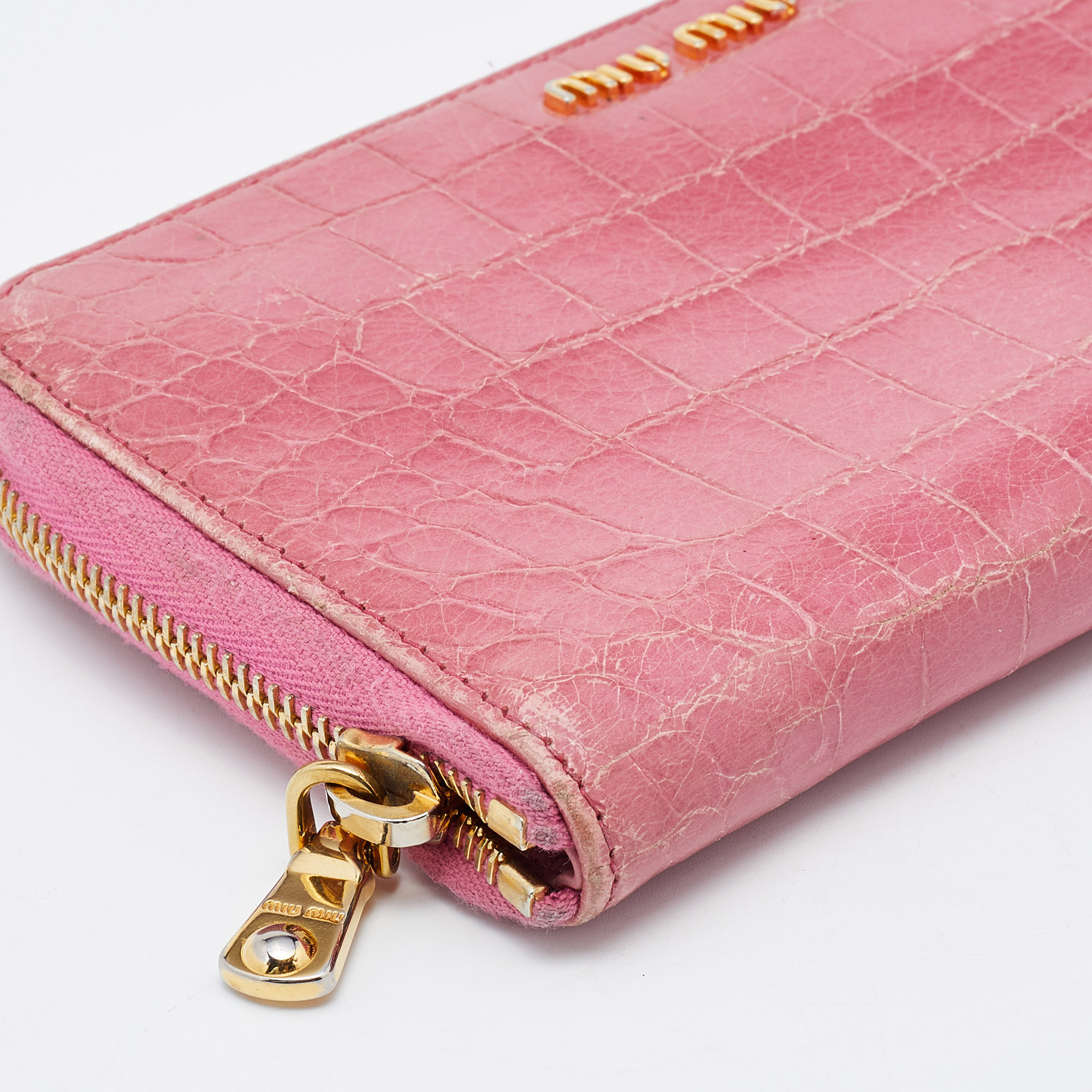 Miu Miu Pink Croc Embossed Leather Zip Around Wallet