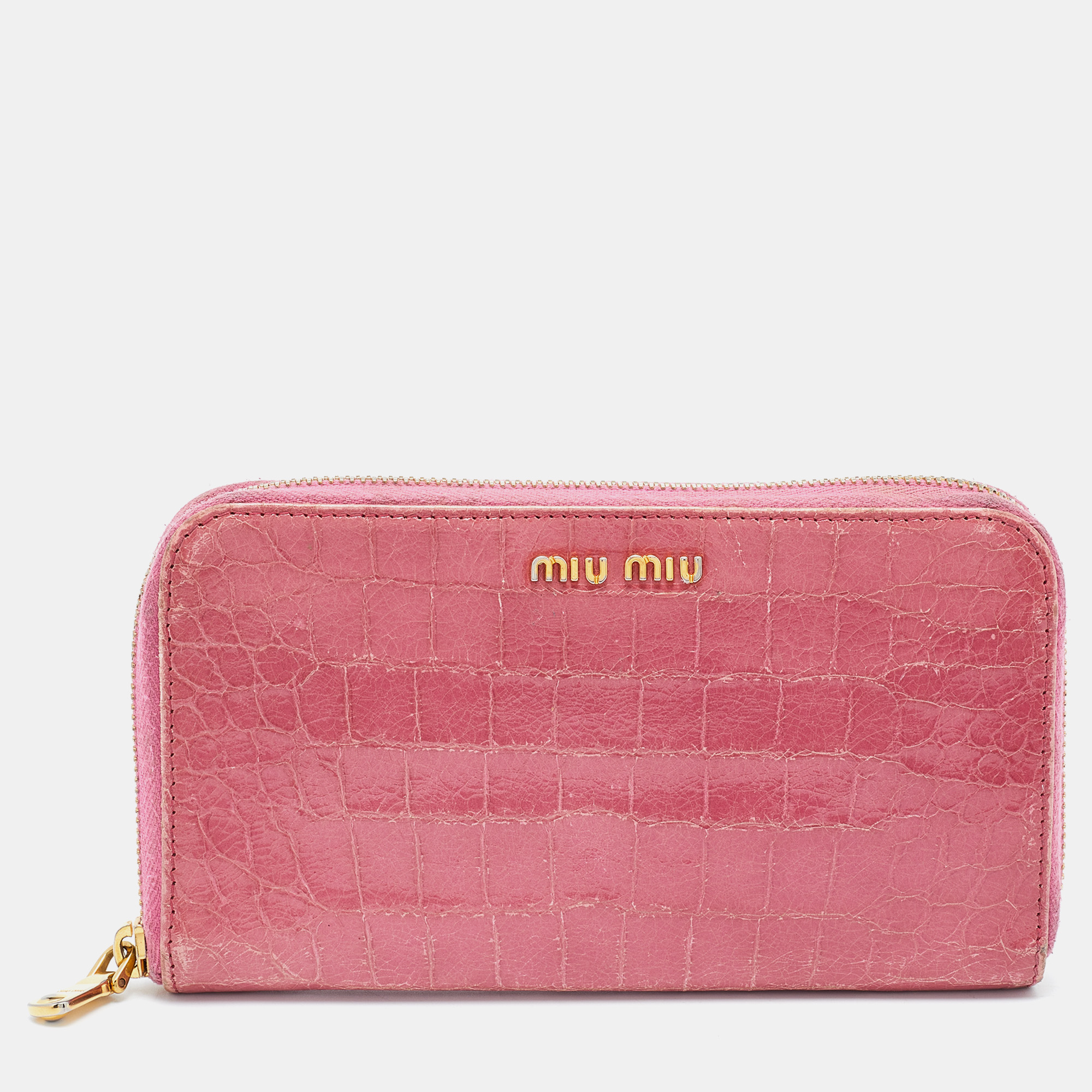 Miu Miu Pink Croc Embossed Leather Zip Around Wallet