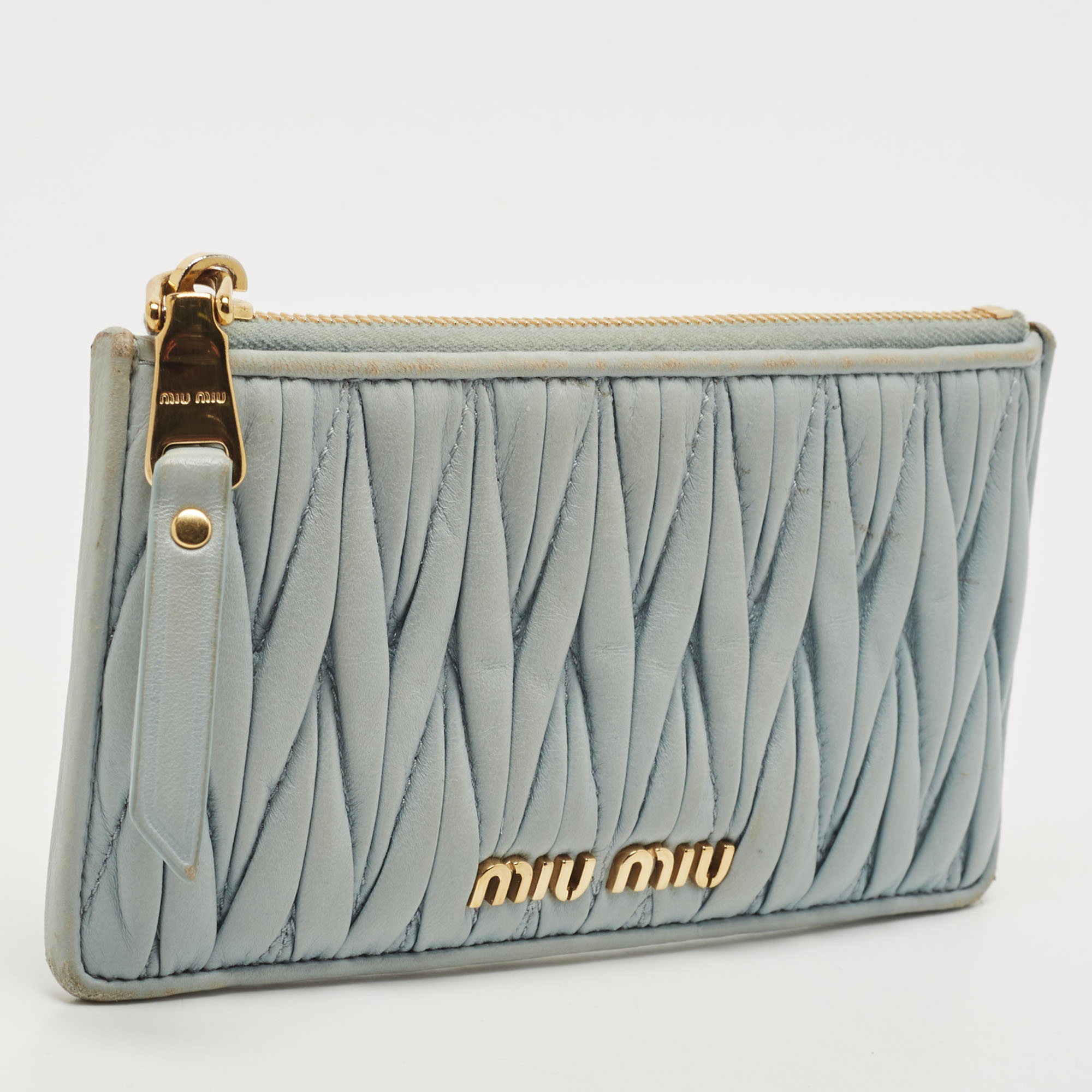 Miu Miu Light Blue Matelasse Leather Zip Card Holder