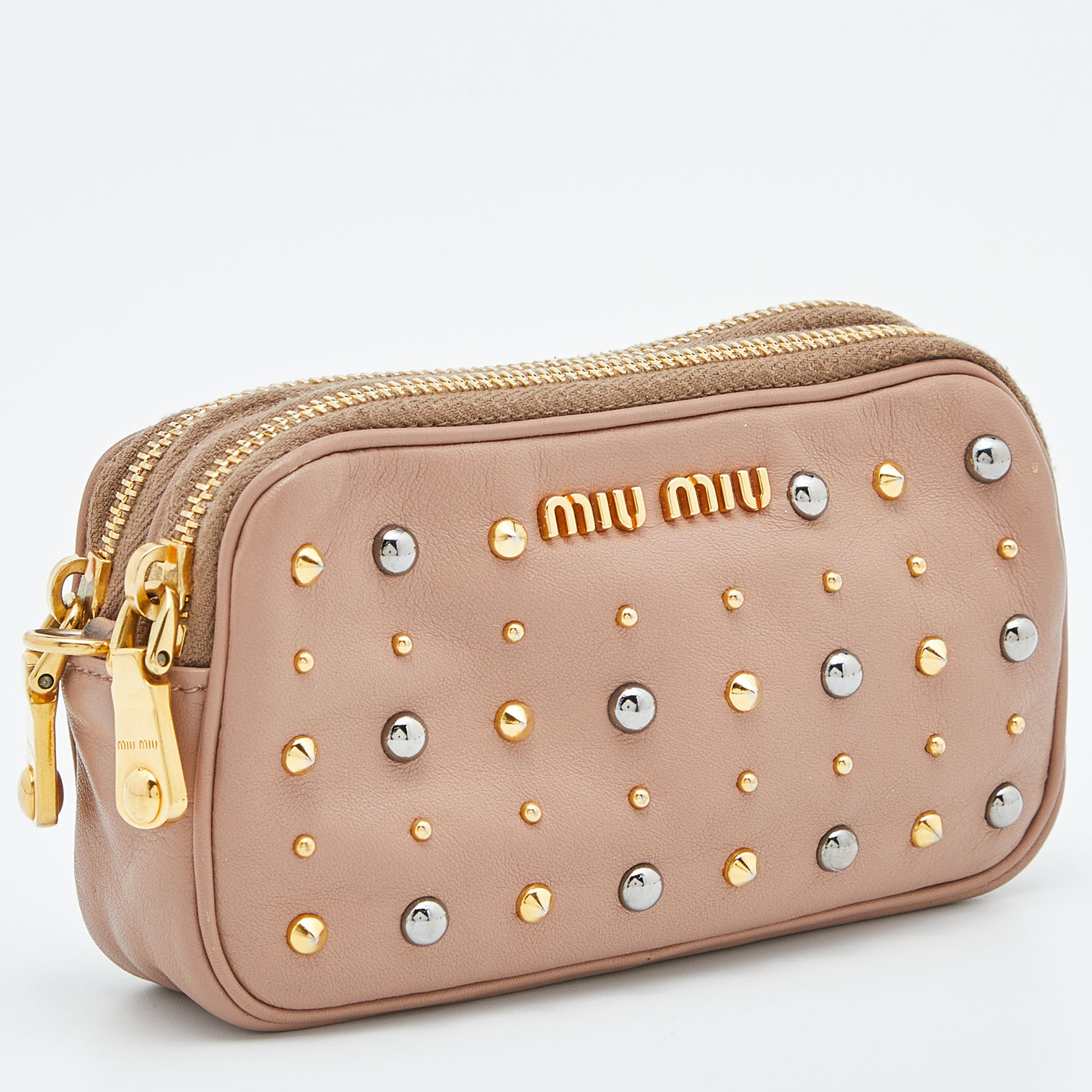 Miu Miu Pink Leather Studded Double Zip Pouch