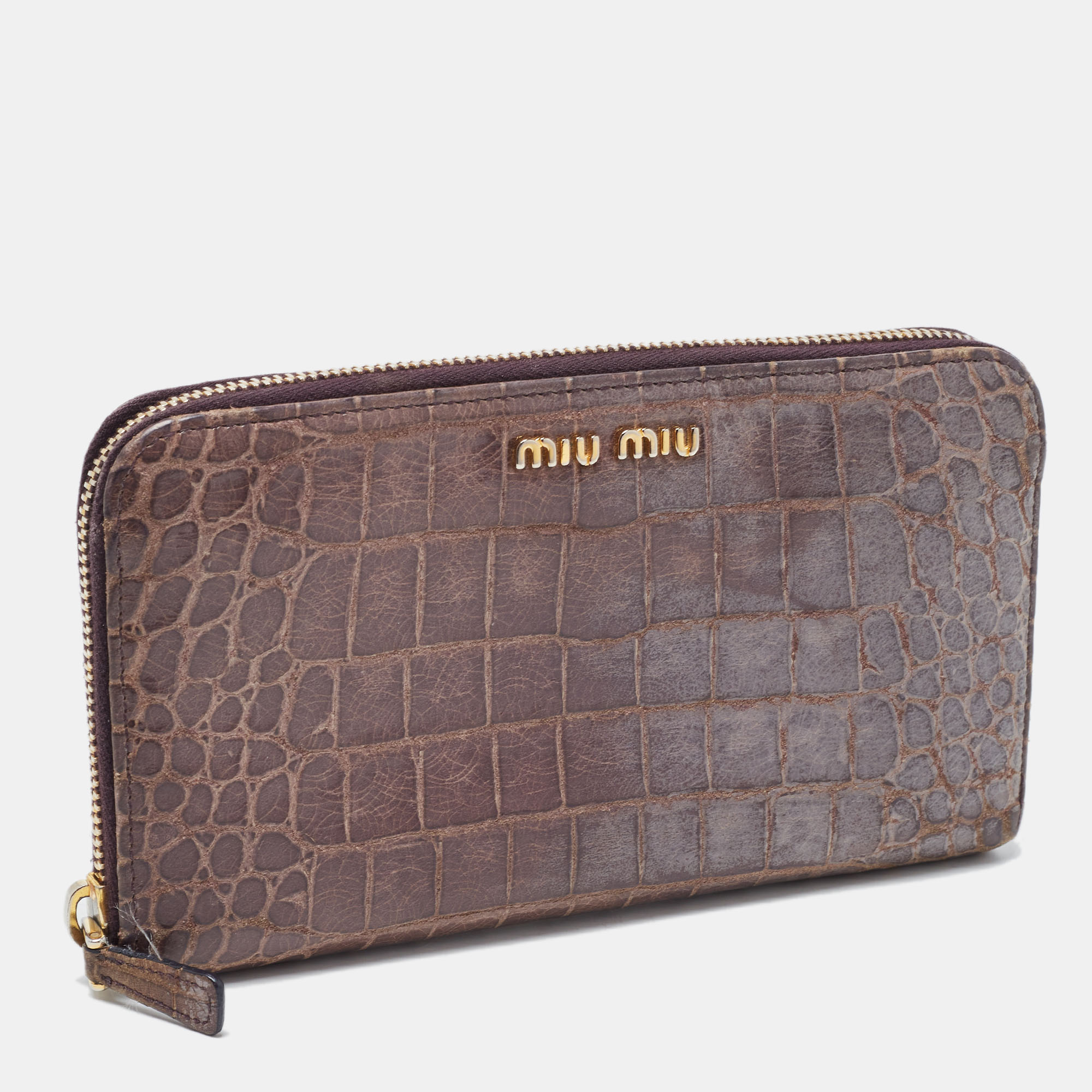 Miu Miu Mauve Purple Croc Embossed Glazed Leather Zip Around Continenal Wallet