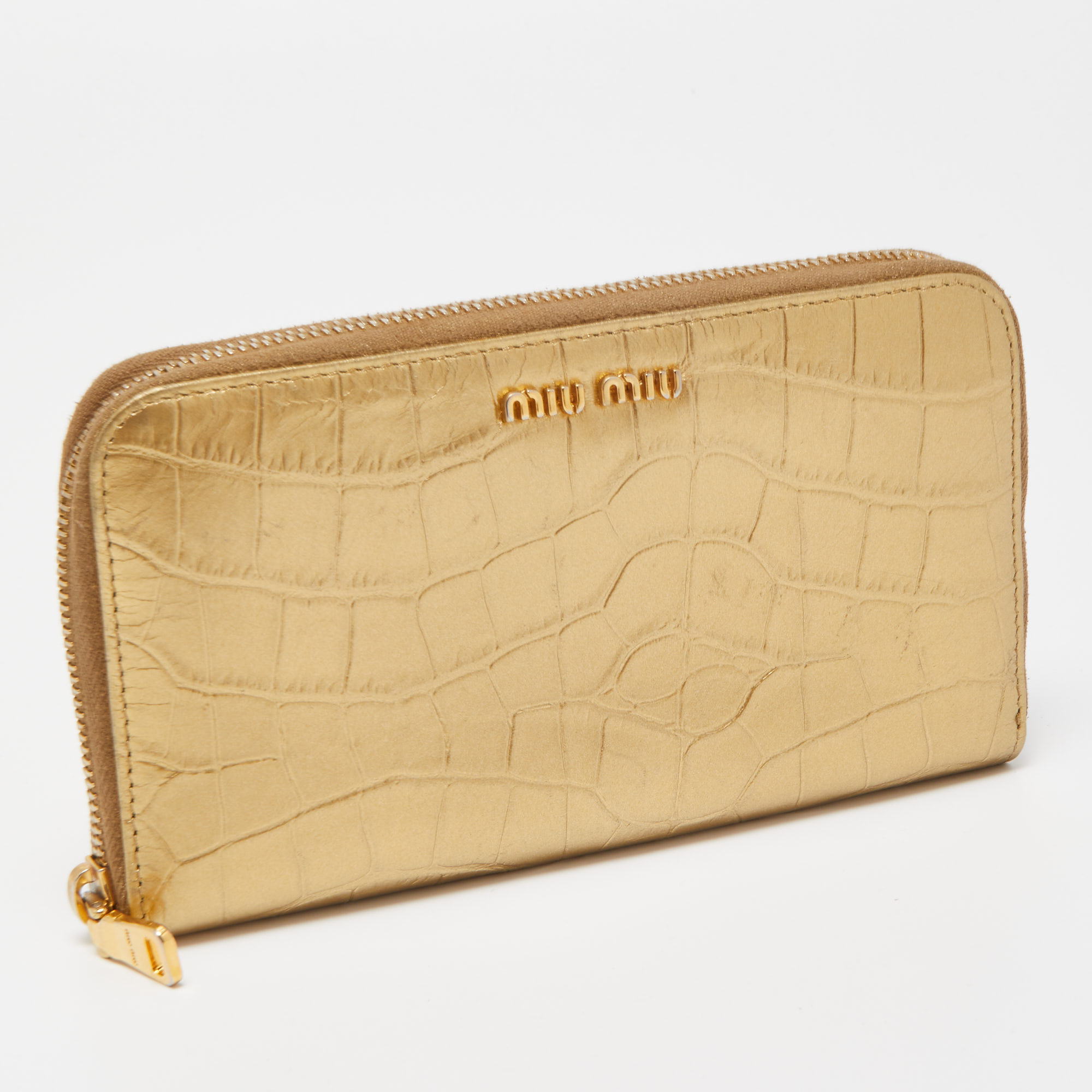 Miu Miu Gold Croc Embossed Leather Zip Around Wallet