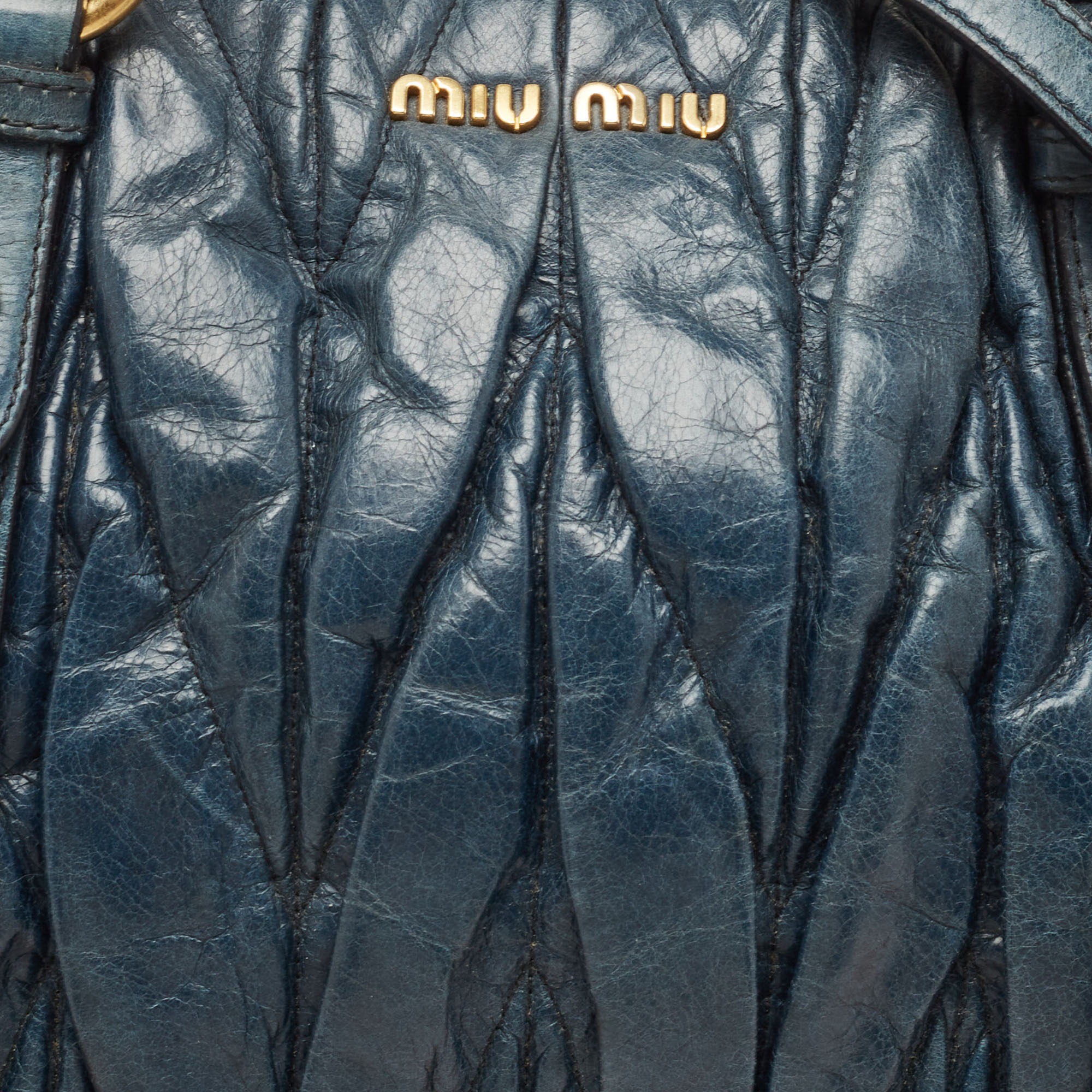 Miu Miu Navy Blue Matelassé Leather Braided Handle Tote