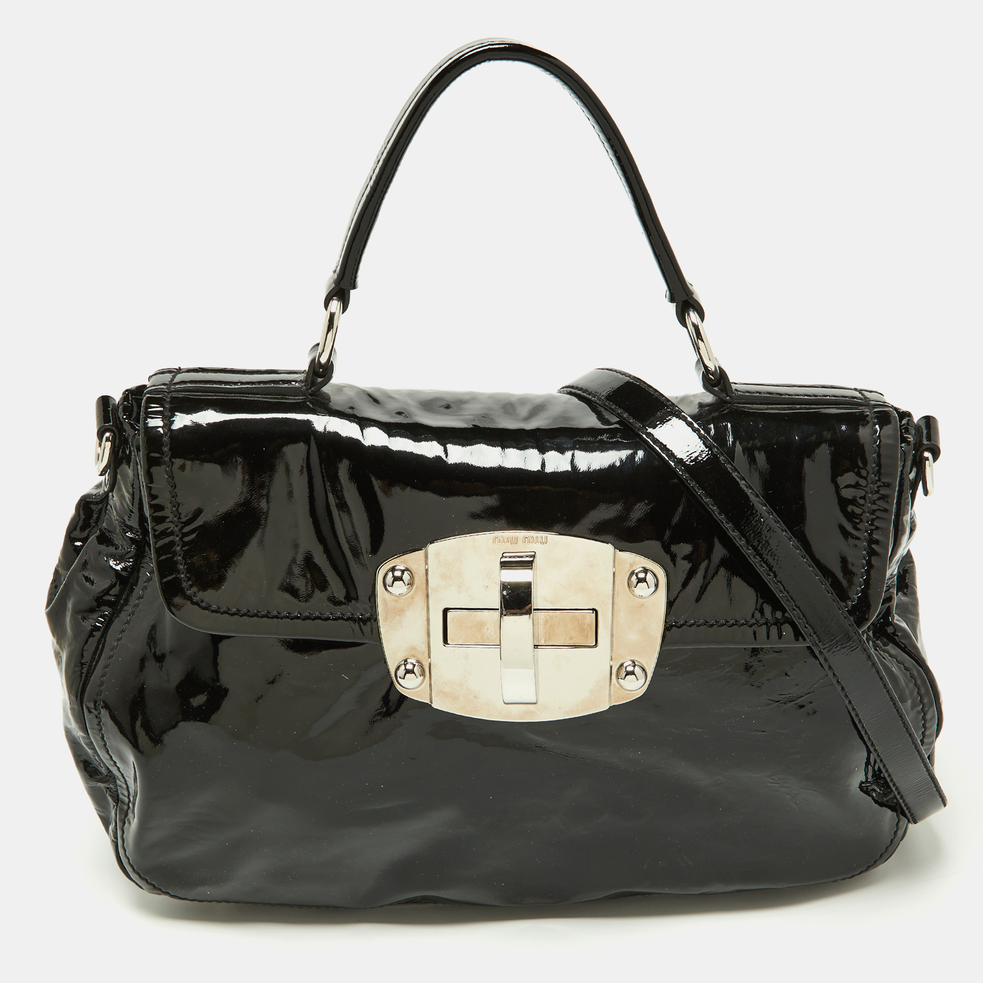 Miu Miu Black Patent Leather Turnlock Top Handle Bag