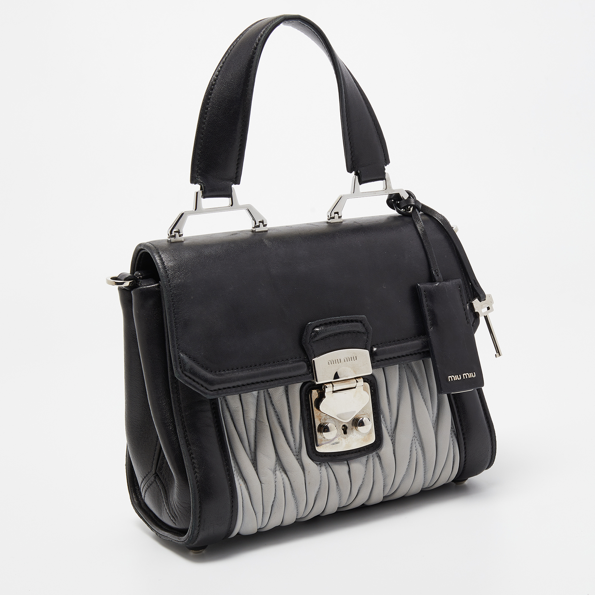 Miu Miu Black/Grey Matelassé Leather Confidential Top Handle Bag