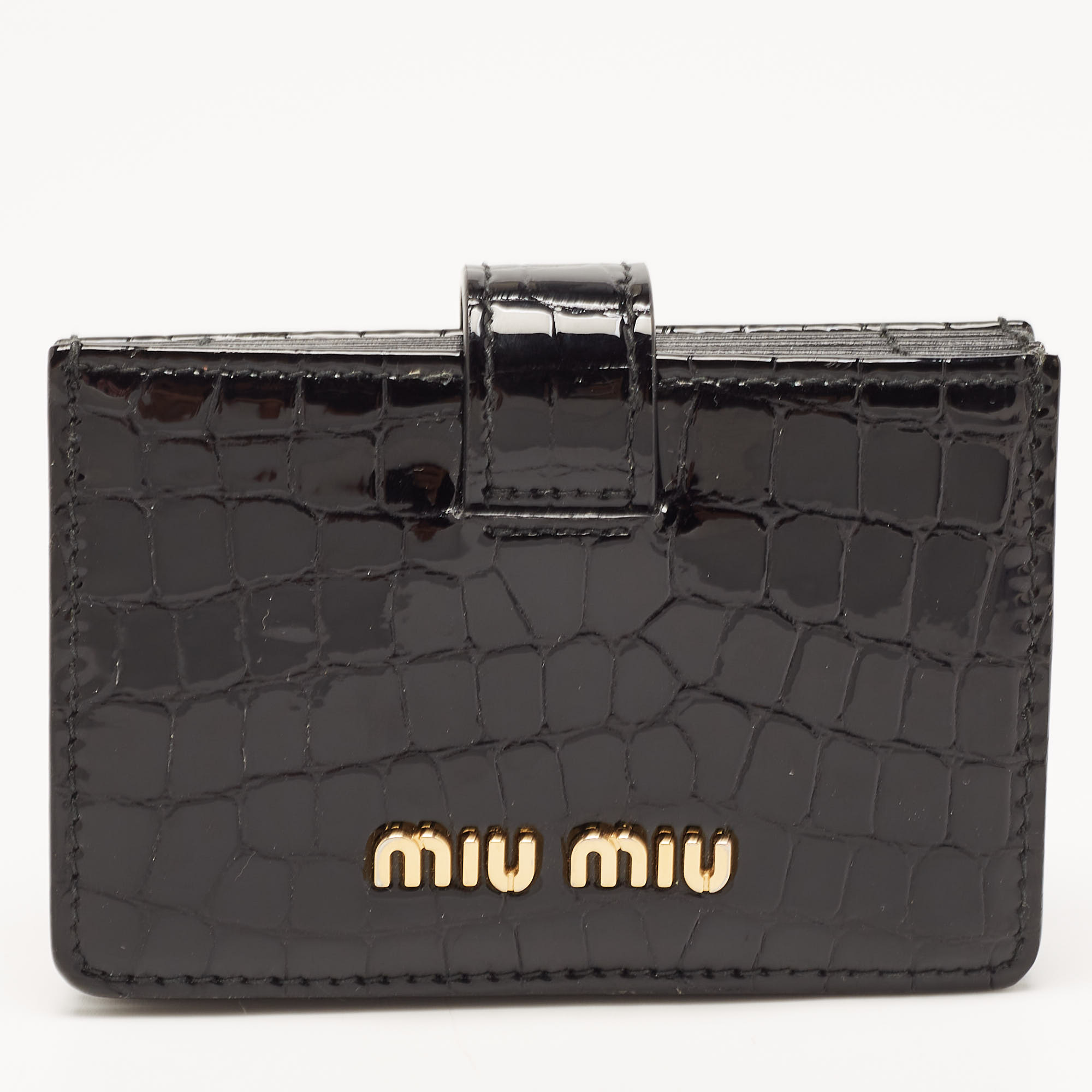 Miu Miu Black Croc Embossed Patent Leather Crystal Embellished Flap Card Case