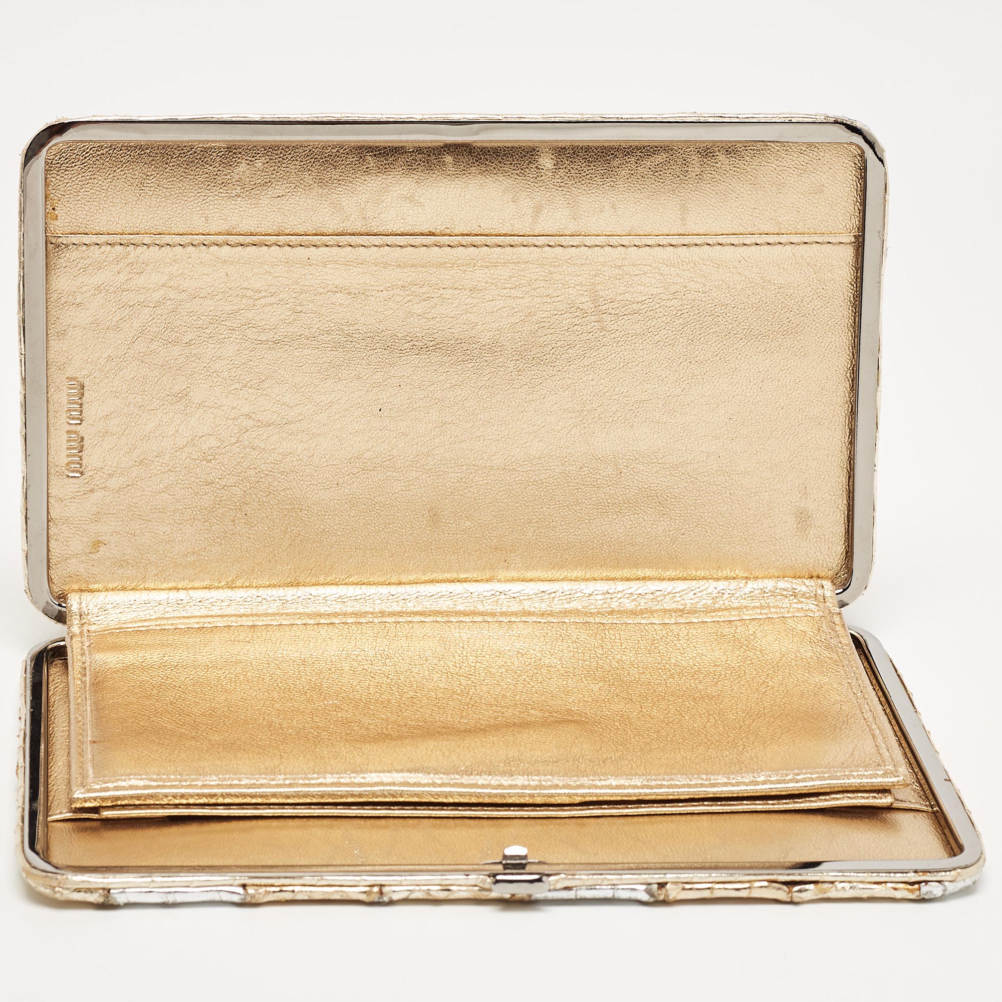 Miu Miu Silver/Gold Snakeskin Embossed Leather Frame Clutch