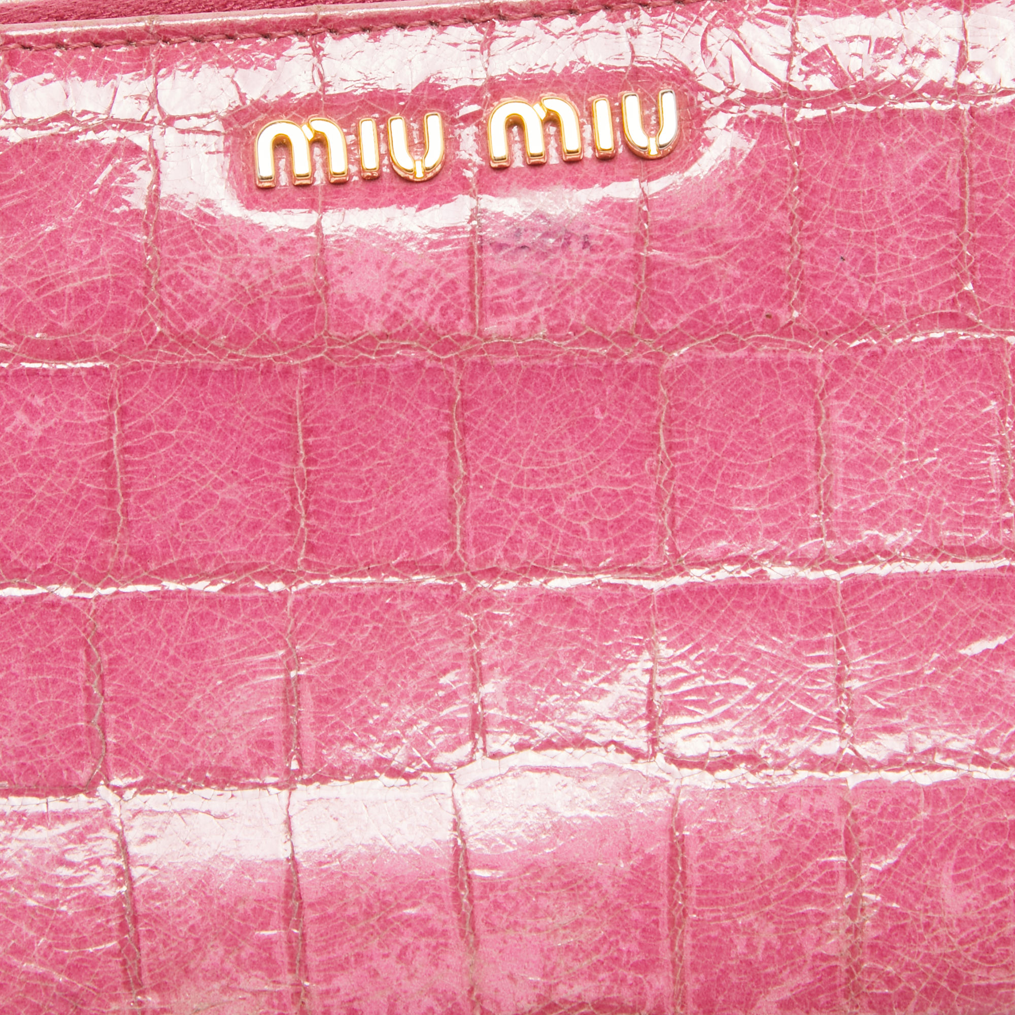 Miu Miu Pink Croc Effect Patent Leather Continental Zip Wallet