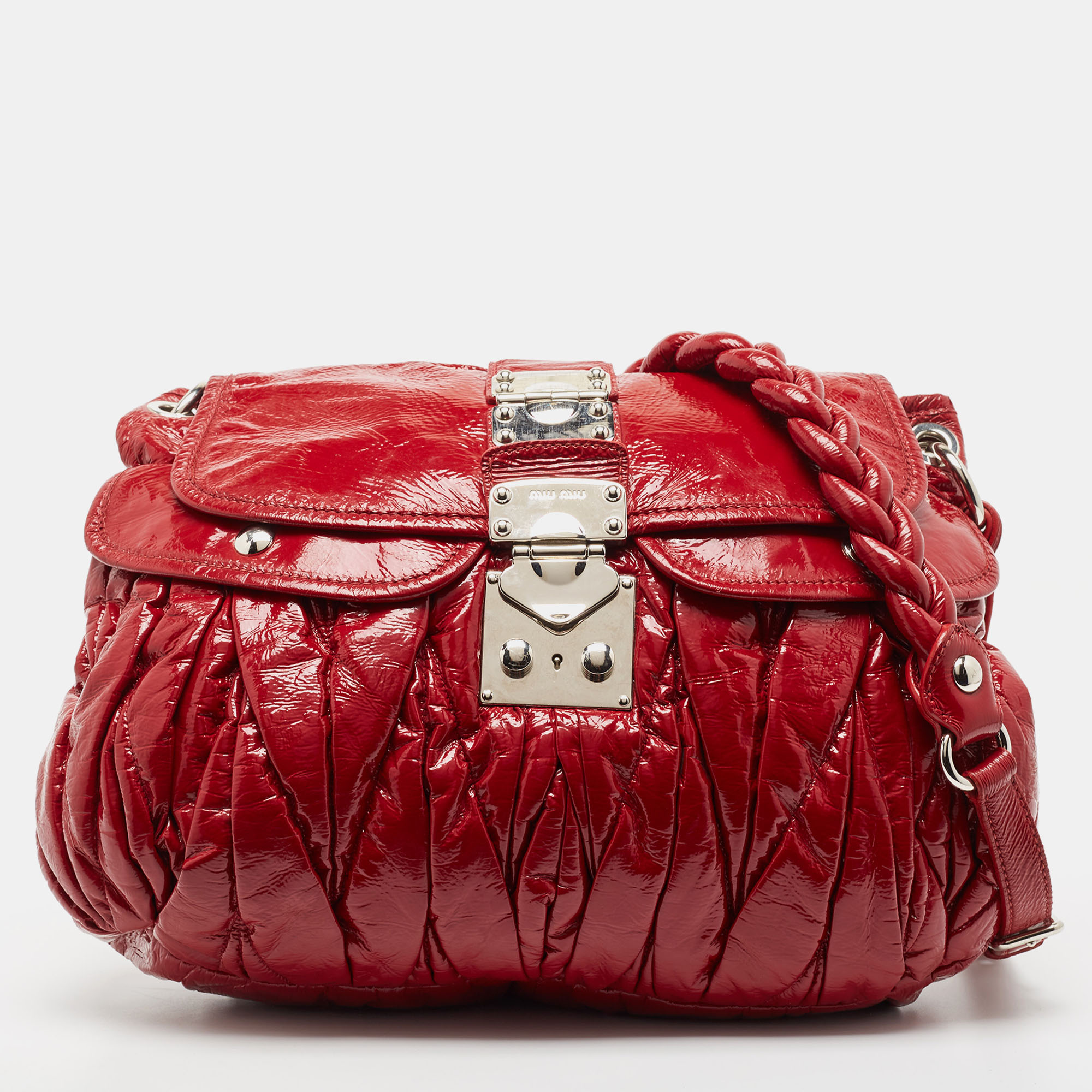 Miu Miu Red Matelassé Patent Leather Coffer Shoulder Bag