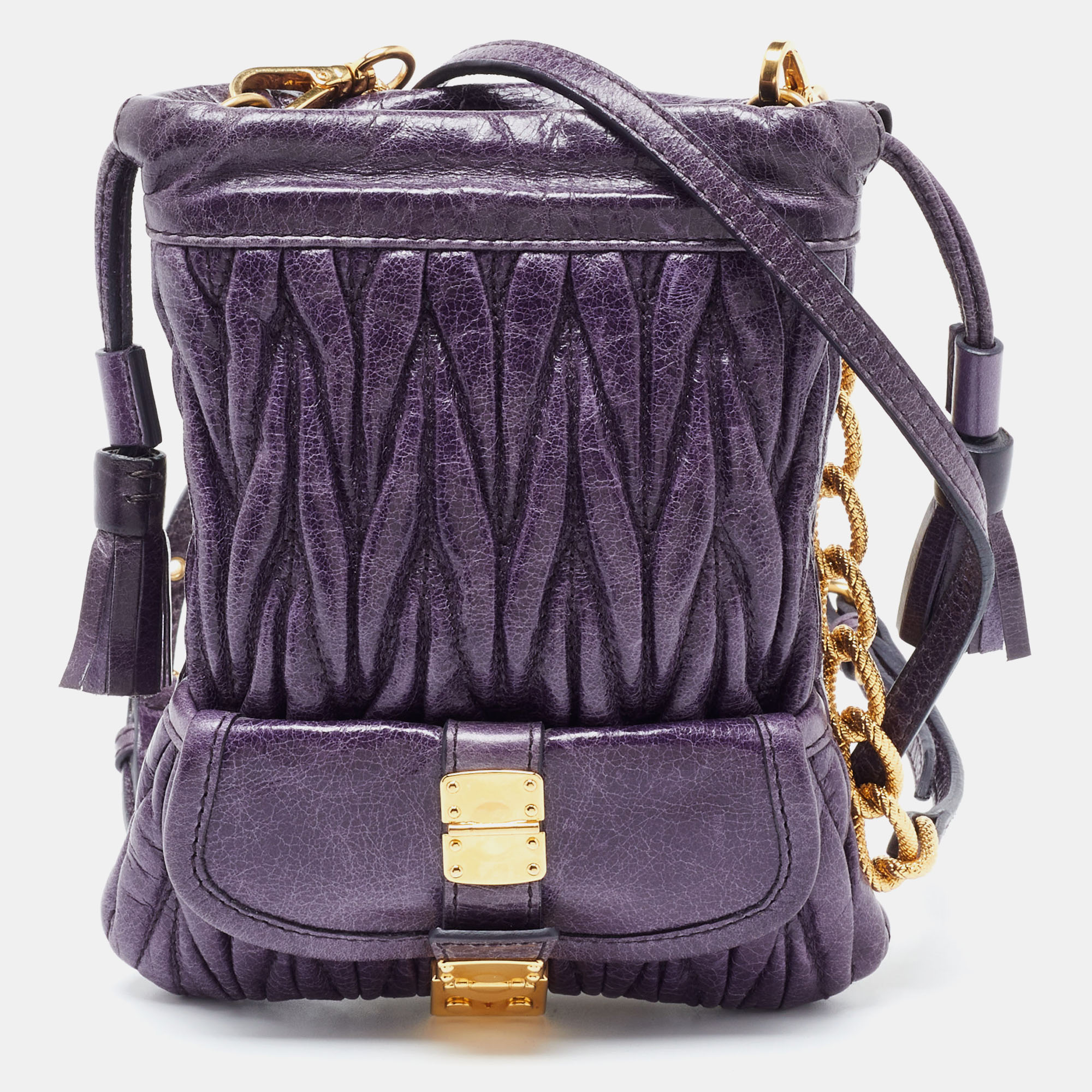 Miu miu purple matelass&eacute; leather drawstring crossbody bag