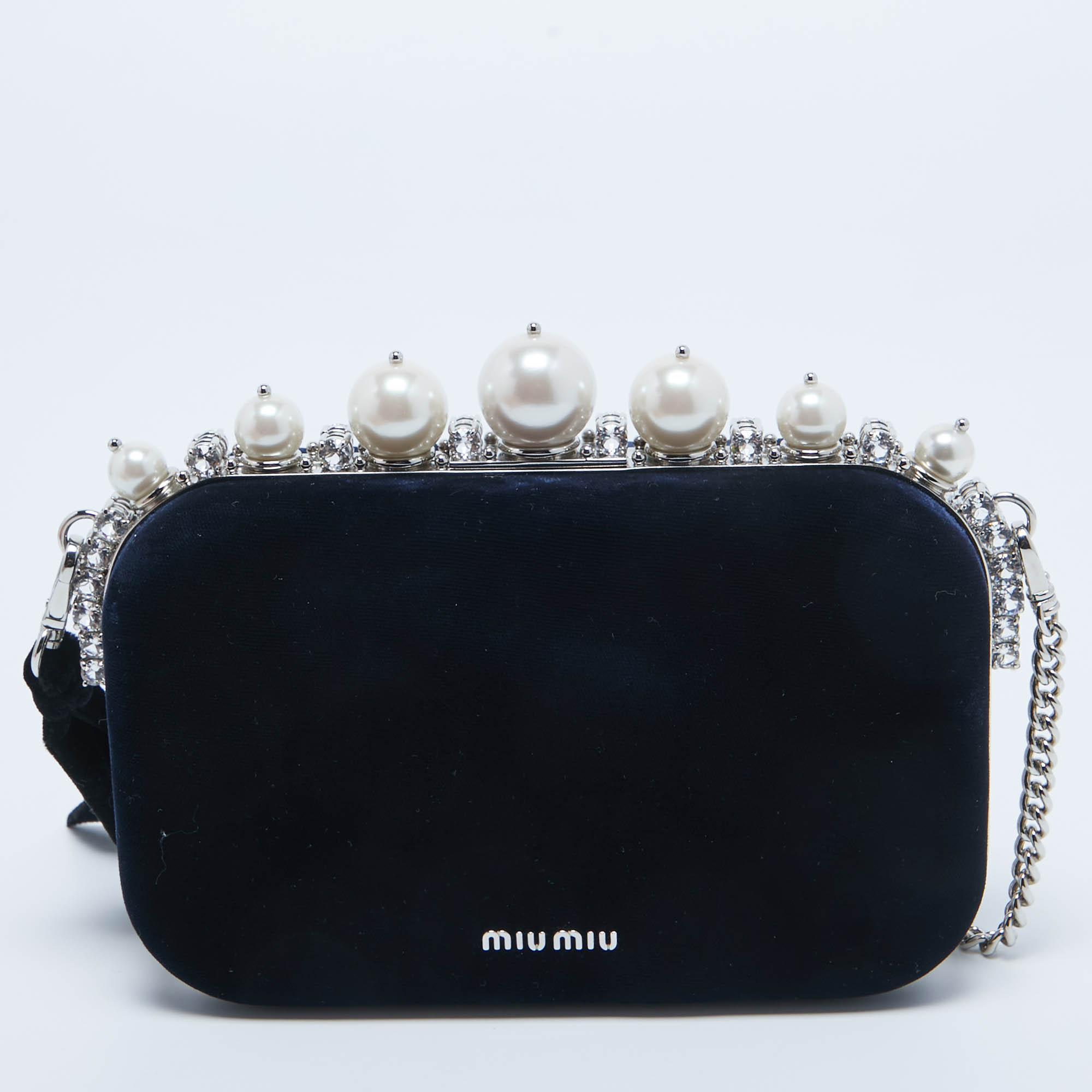 Miu Miu Navy Blue Velvet Pearl And Crystal Embellished Box Chain Clutch