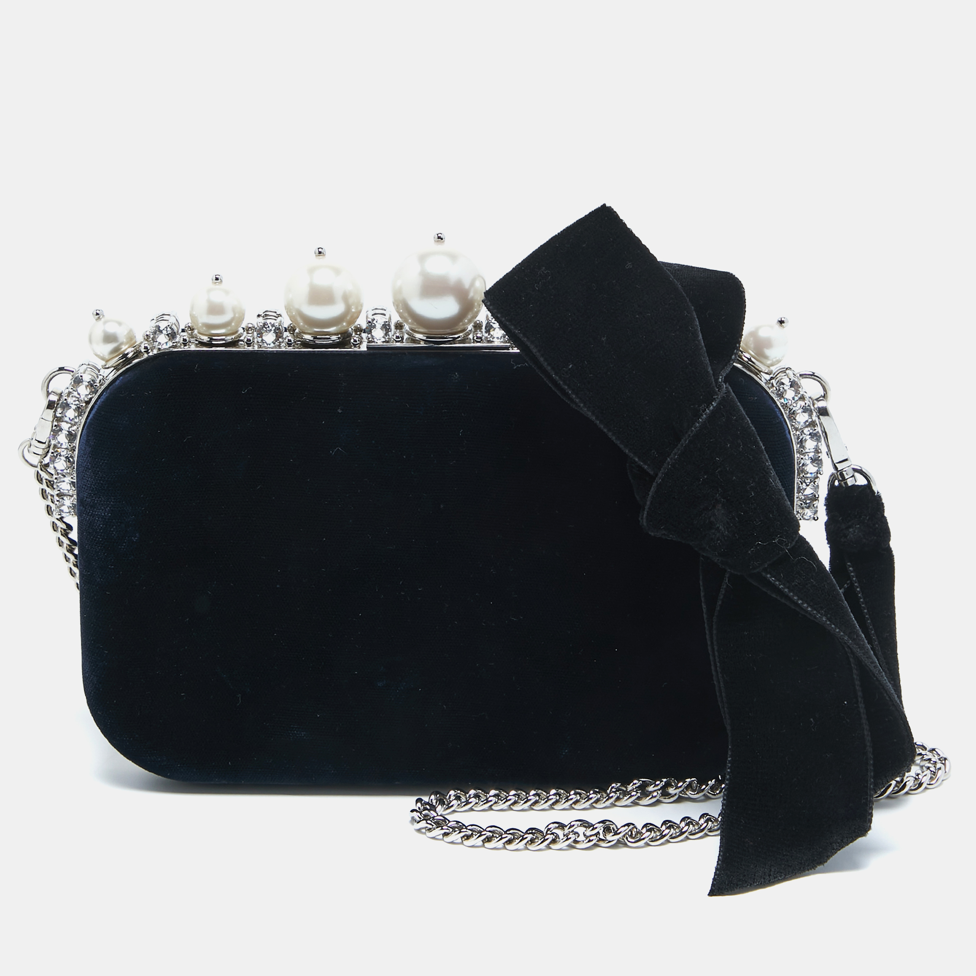 Miu miu navy blue velvet pearl and crystal embellished box chain clutch