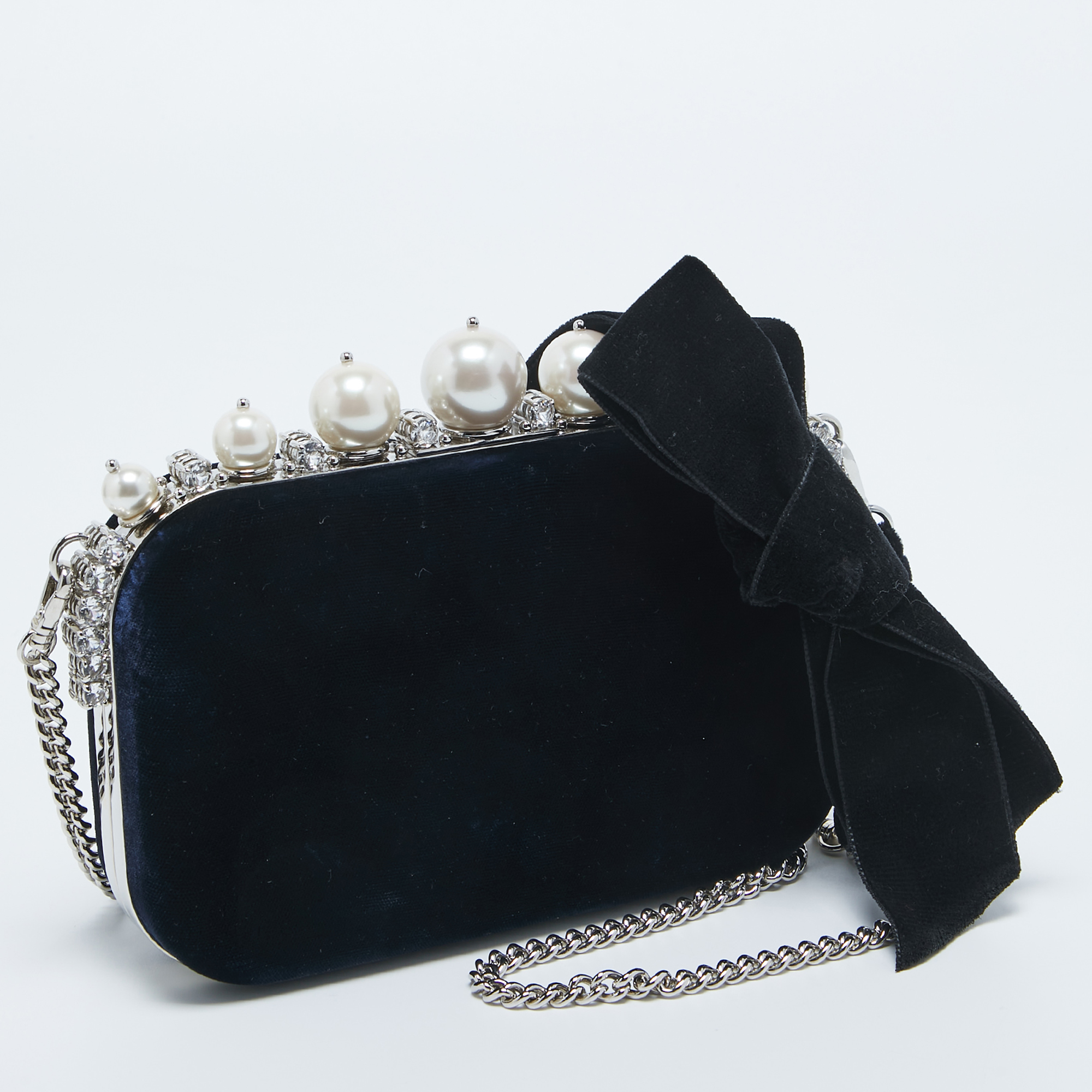Miu Miu Navy Blue Velvet Pearl And Crystal Embellished Box Chain Clutch