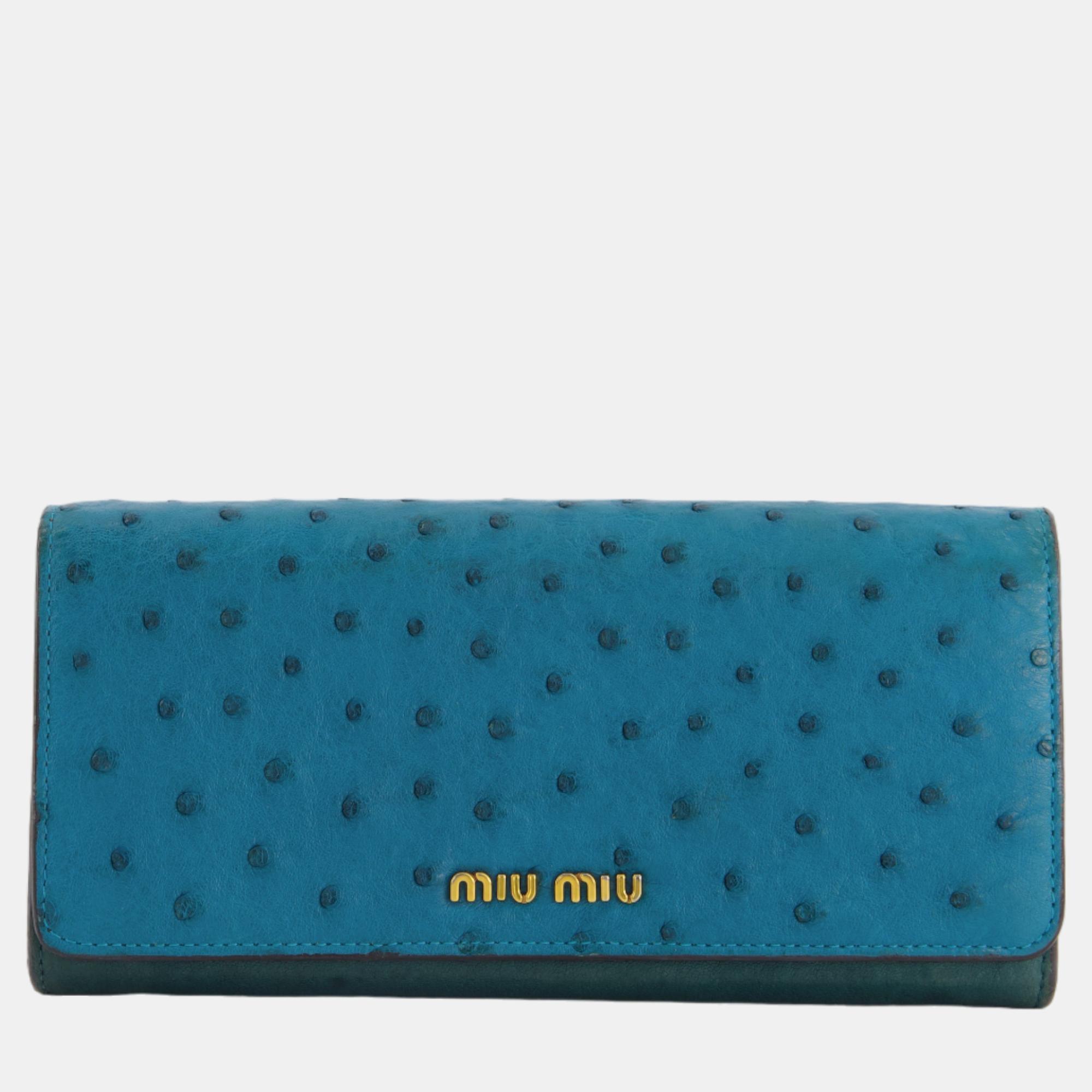 Miu Miu Teal Ostrich Long-Line Wallet With Gold Hardware