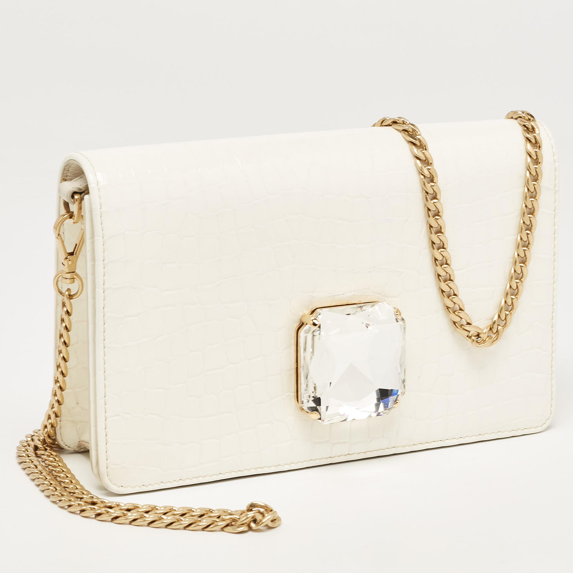 Miu Miu Off White Croc Embossed Leather Crystal Embellished Chain Clutch