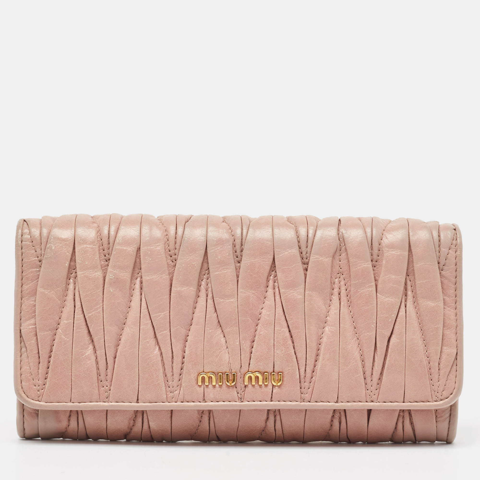 Miu miu light pink matelass&eacute; leather flap continental wallet