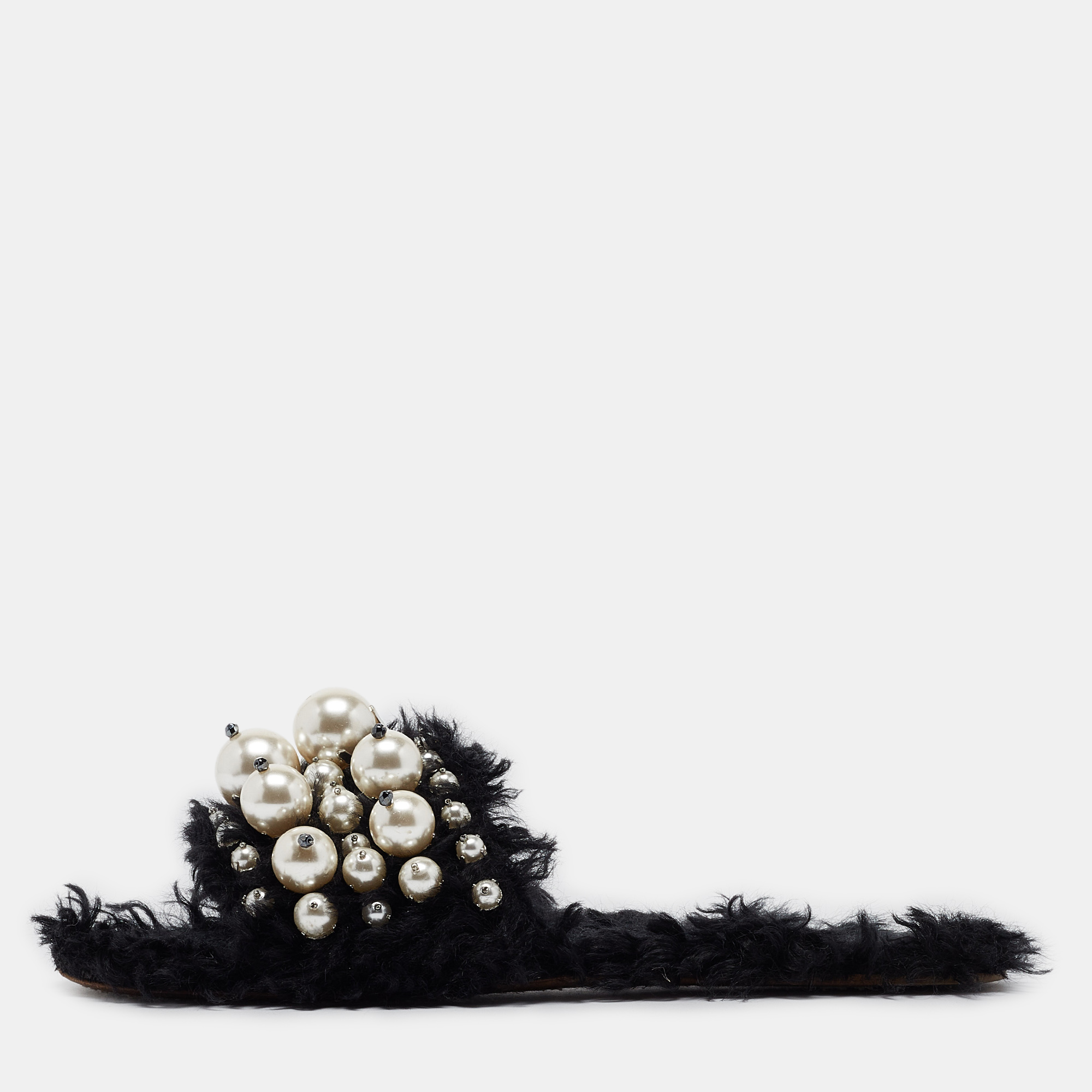 Miu miu black fur pearl embellished flat slides size 40