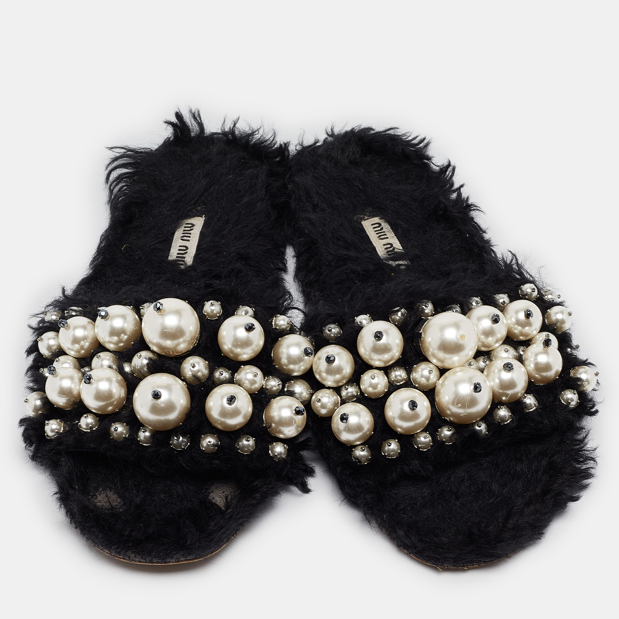 Miu Miu Black Fur Pearl Embellished Flat Slides Size 40