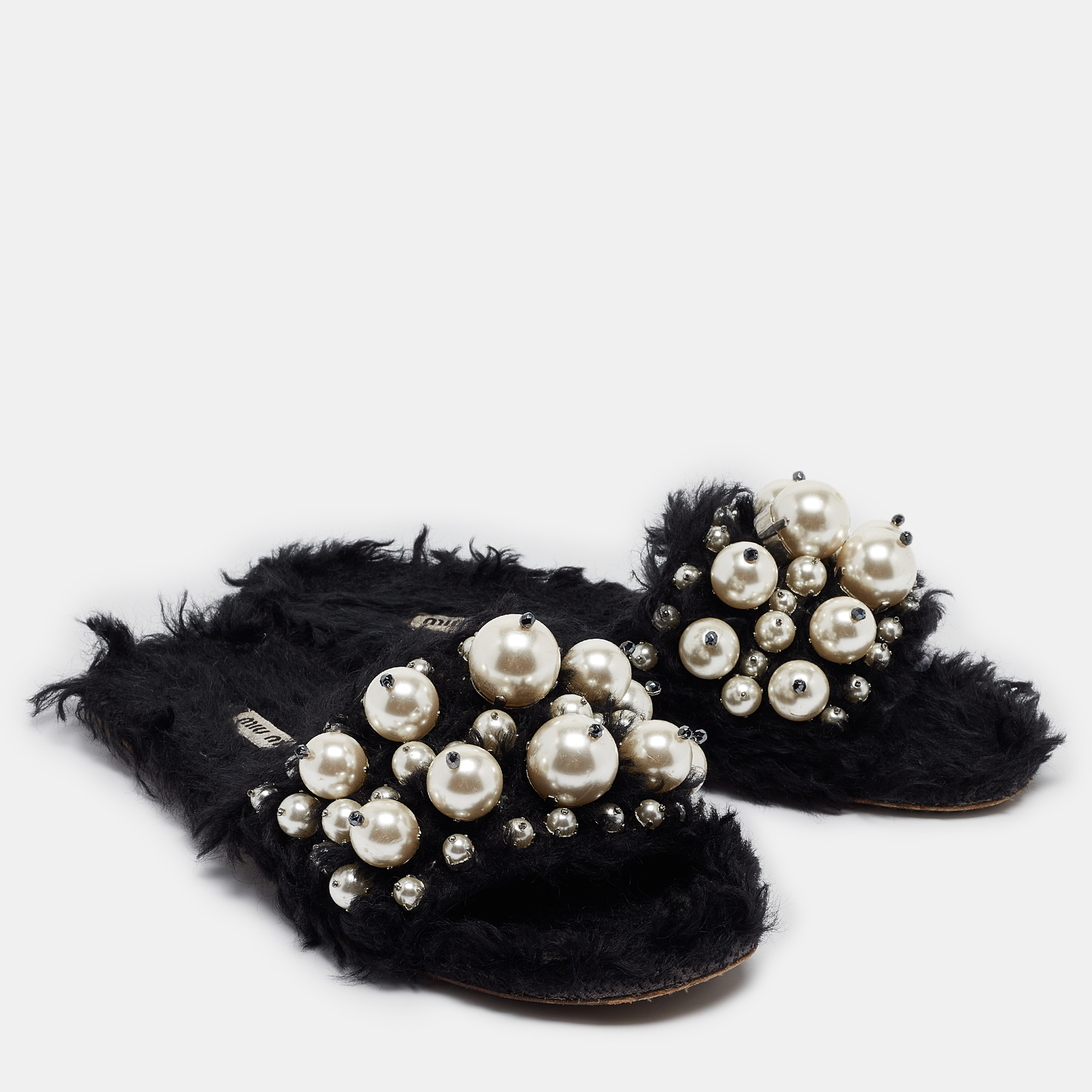 Miu Miu Black Fur Pearl Embellished Flat Slides Size 40