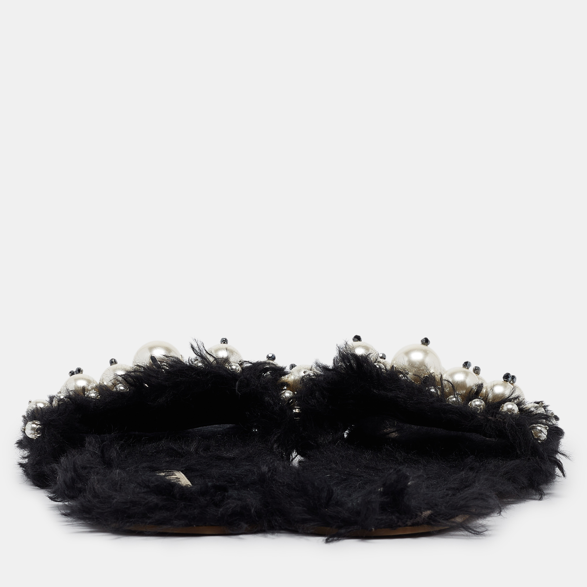 Miu Miu Black Fur Pearl Embellished Flat Slides Size 40