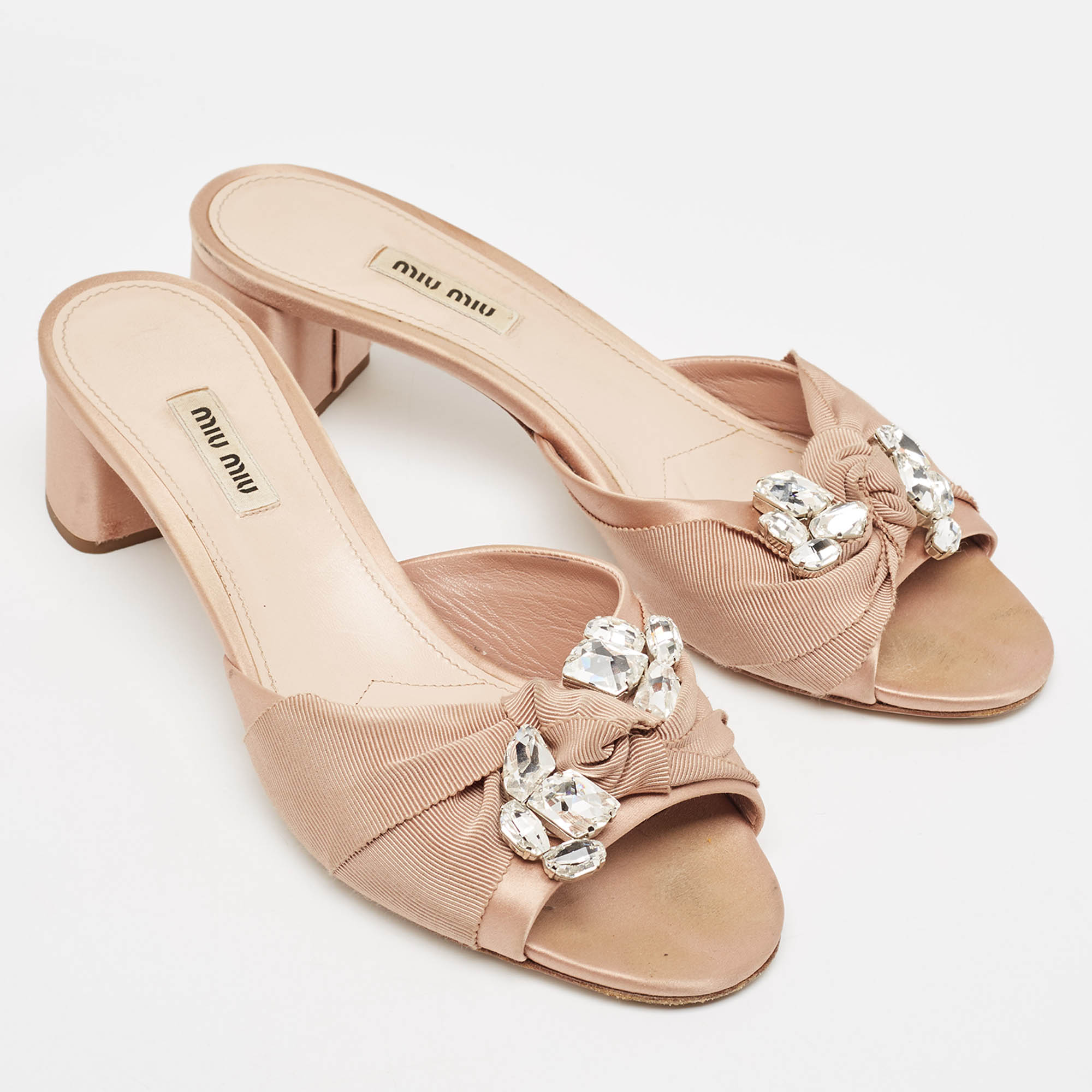 Miu Miu Beige Satin And Canvas Slide Sandals Size 40.5