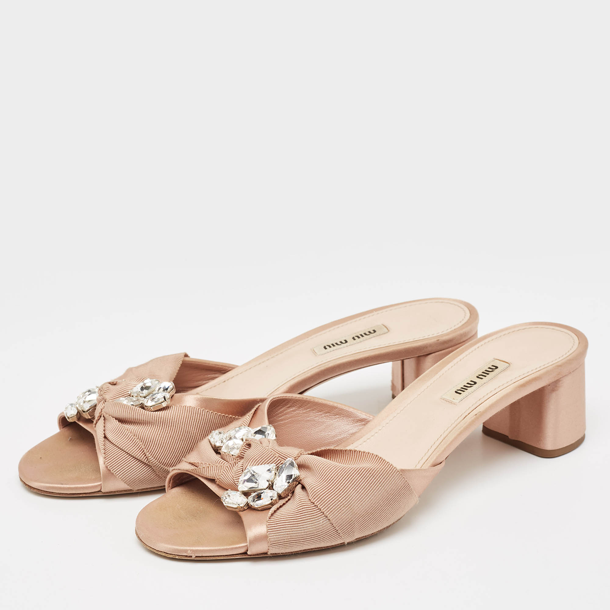 Miu Miu Beige Satin And Canvas Slide Sandals Size 40.5