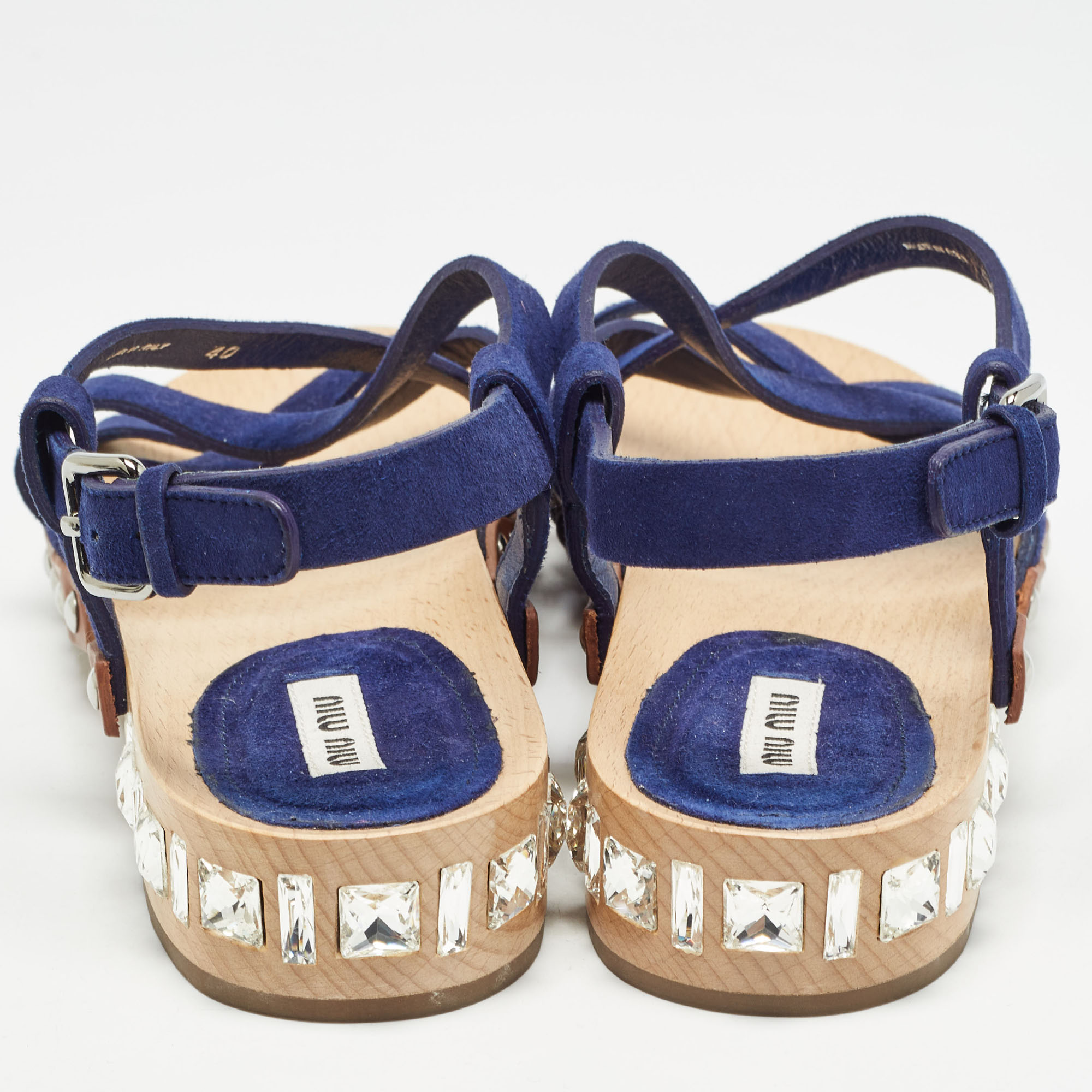 Miu Miu Blue Suede Crystal Embellished Strappy Flat Sandals Size 40