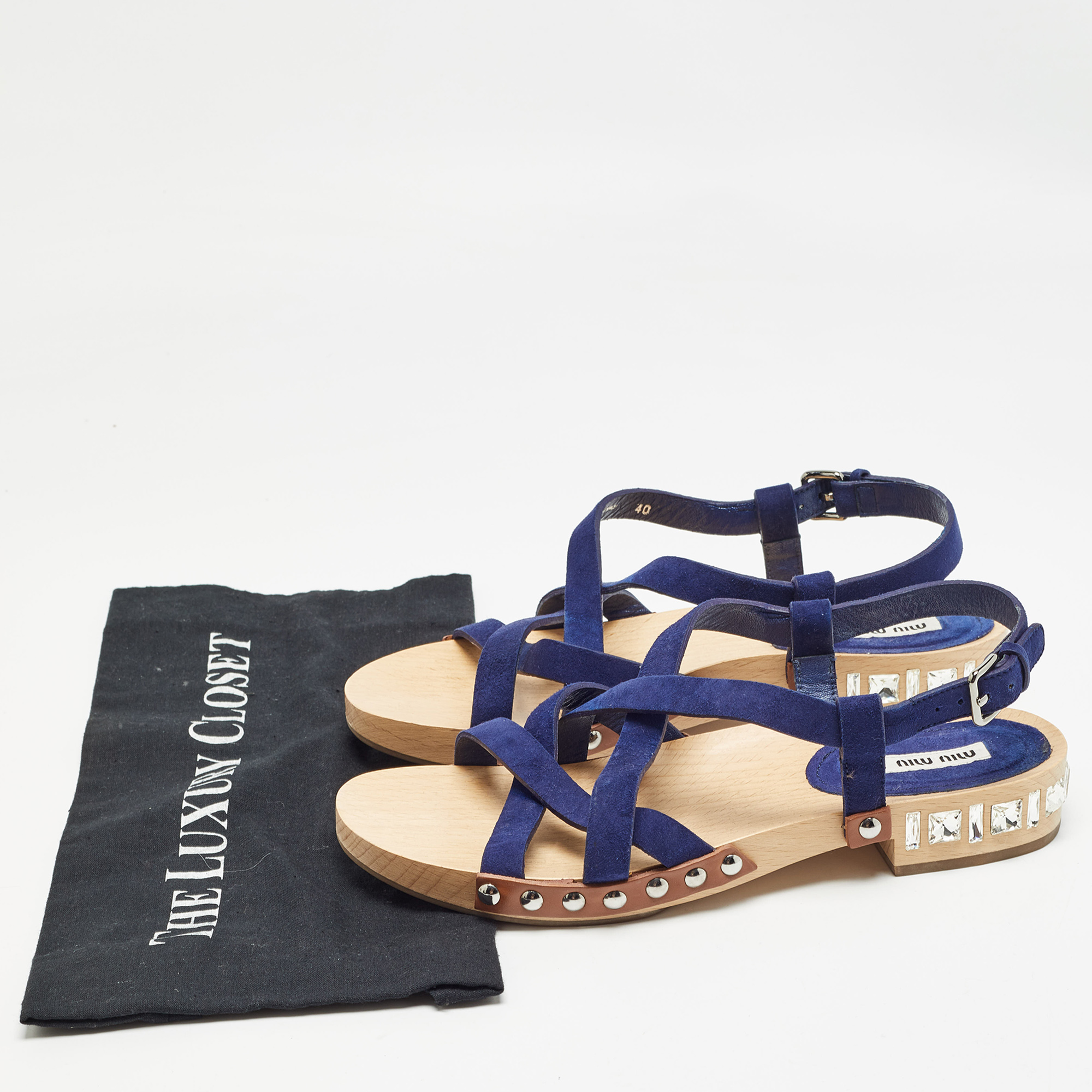 Miu Miu Blue Suede Crystal Embellished Strappy Flat Sandals Size 40