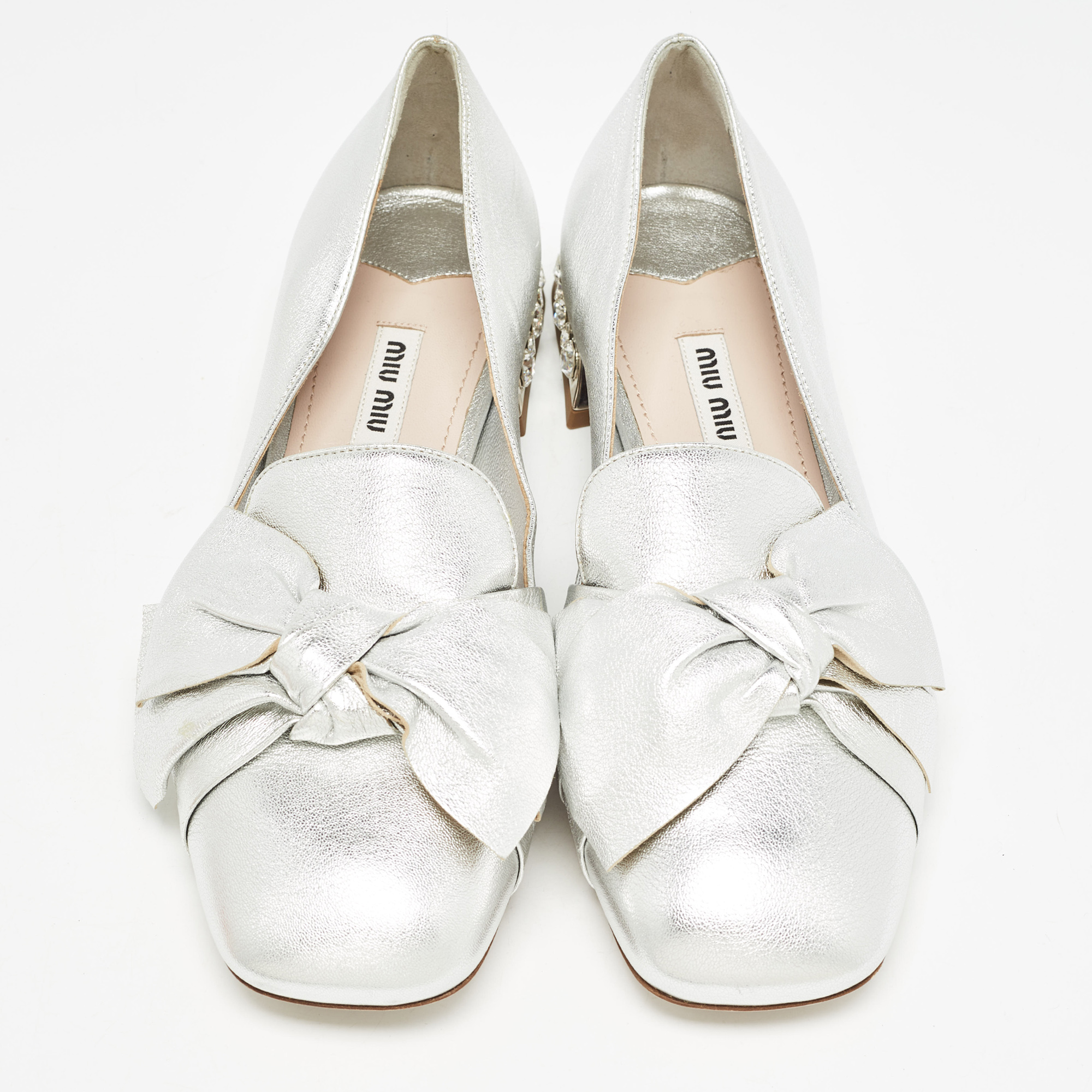 Miu Miu Silver Leather Bow Crystal Embellished Loafers Size 38