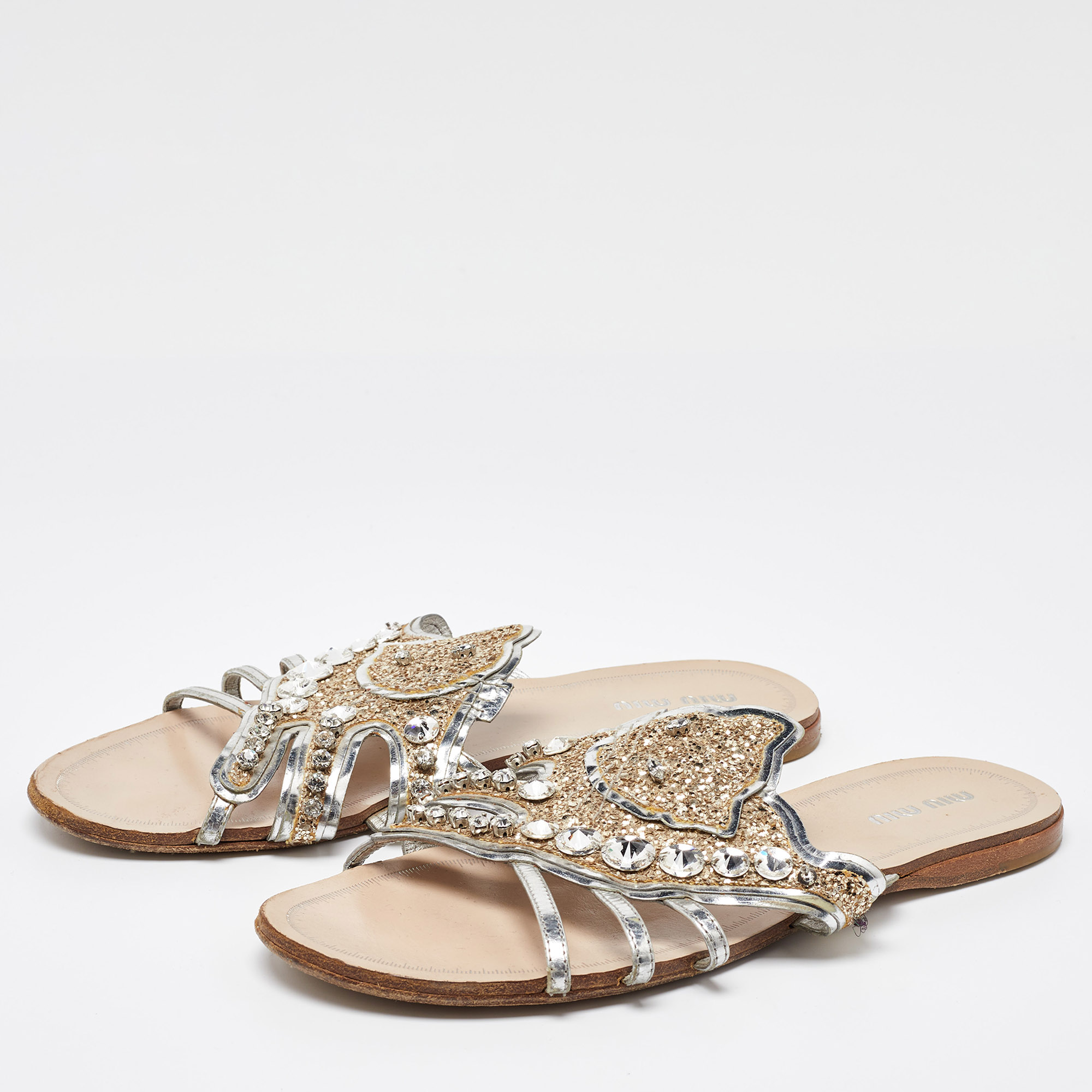 Miu Miu Silver Leather Crystal Embellished Flat Slides Size 37.5