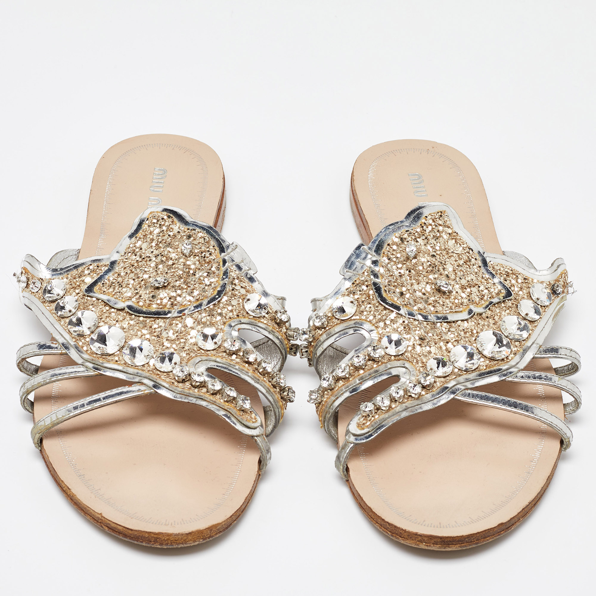 Miu Miu Silver Leather Crystal Embellished Flat Slides Size 37.5