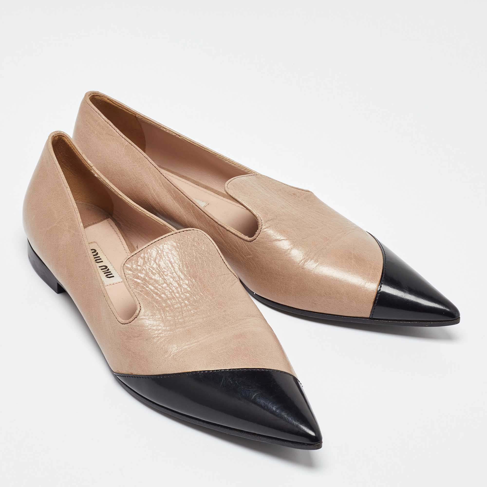 Miu Miu Beige/Black Leather Pointed Toe Ballet Flats Size 37.5