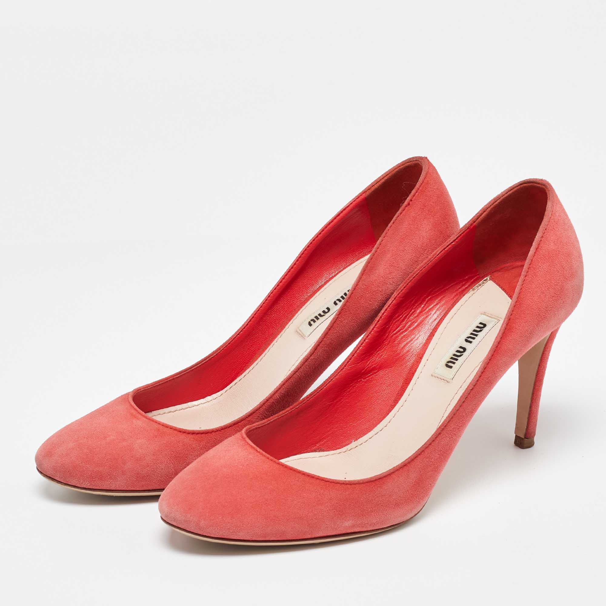 Miu Miu Coral Pink Suede Round Toe Pumps Size 37.5