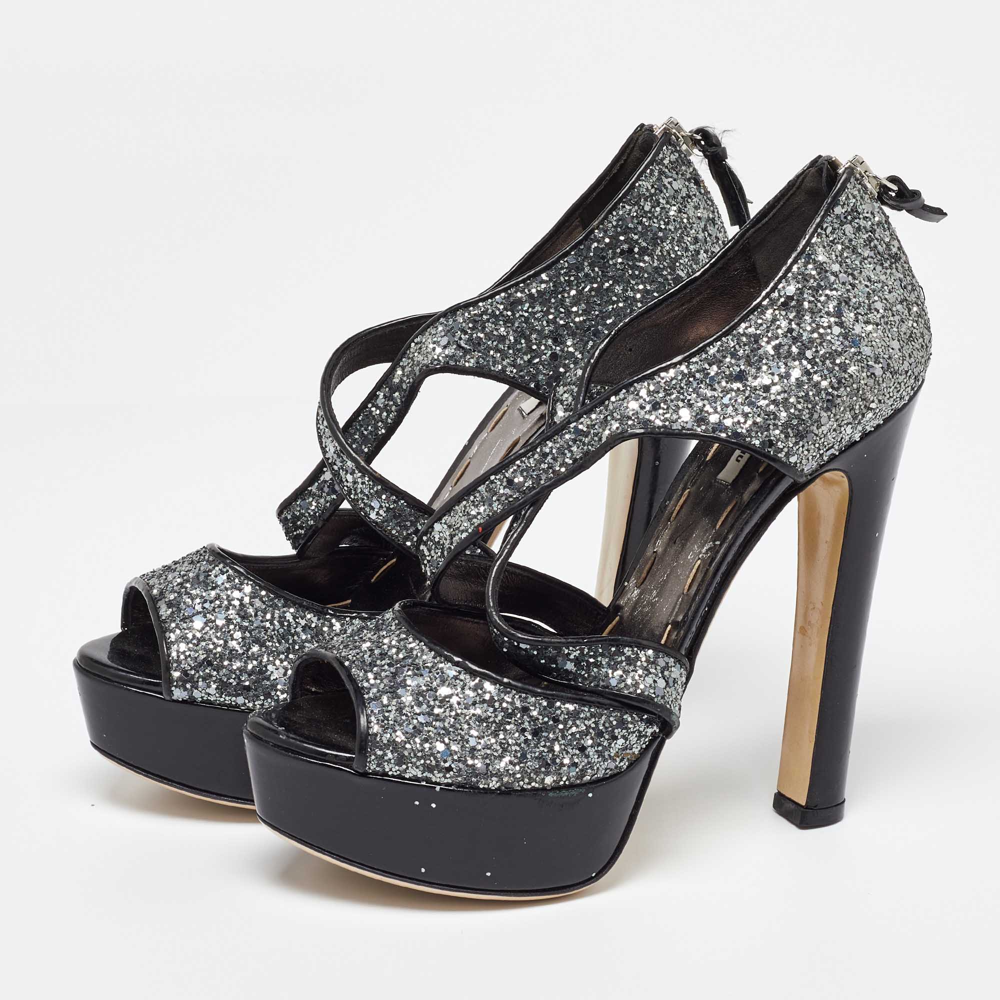 Miu Miu Metallic Grey Coarse Glitter Platform Sandals Size 38.5