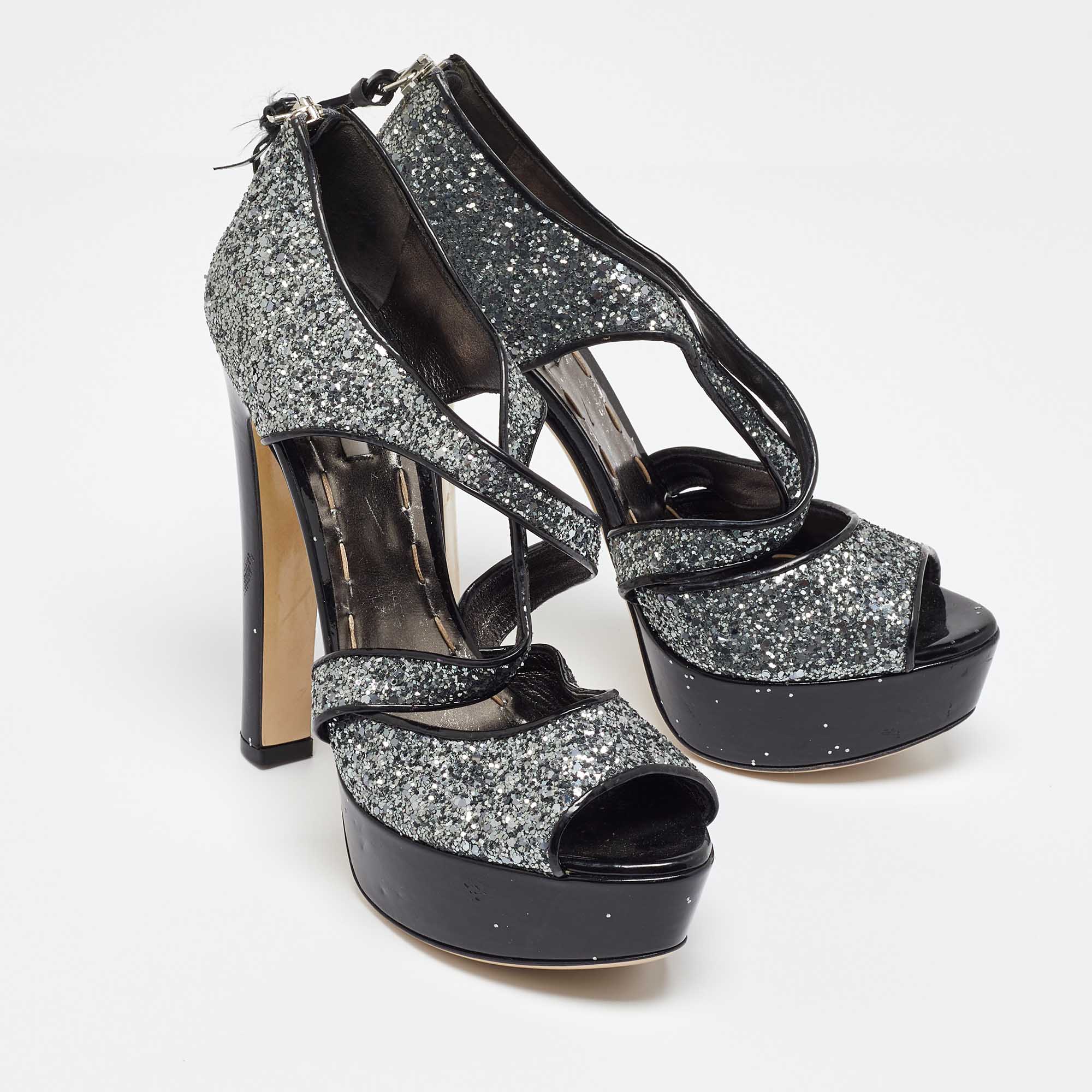 Miu Miu Metallic Grey Coarse Glitter Platform Sandals Size 38.5