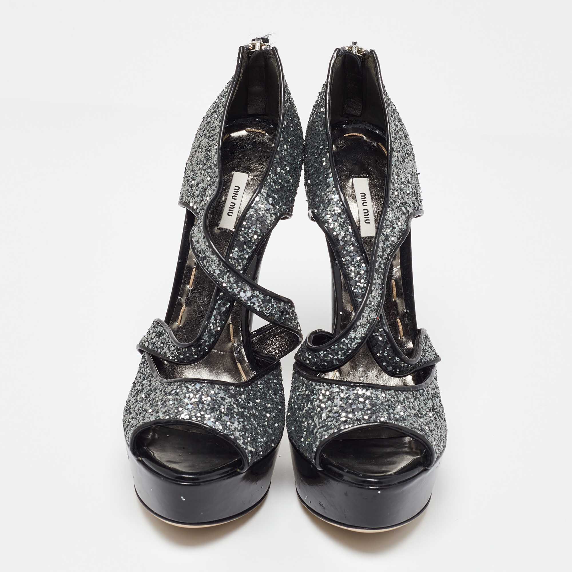 Miu Miu Metallic Grey Coarse Glitter Platform Sandals Size 38.5