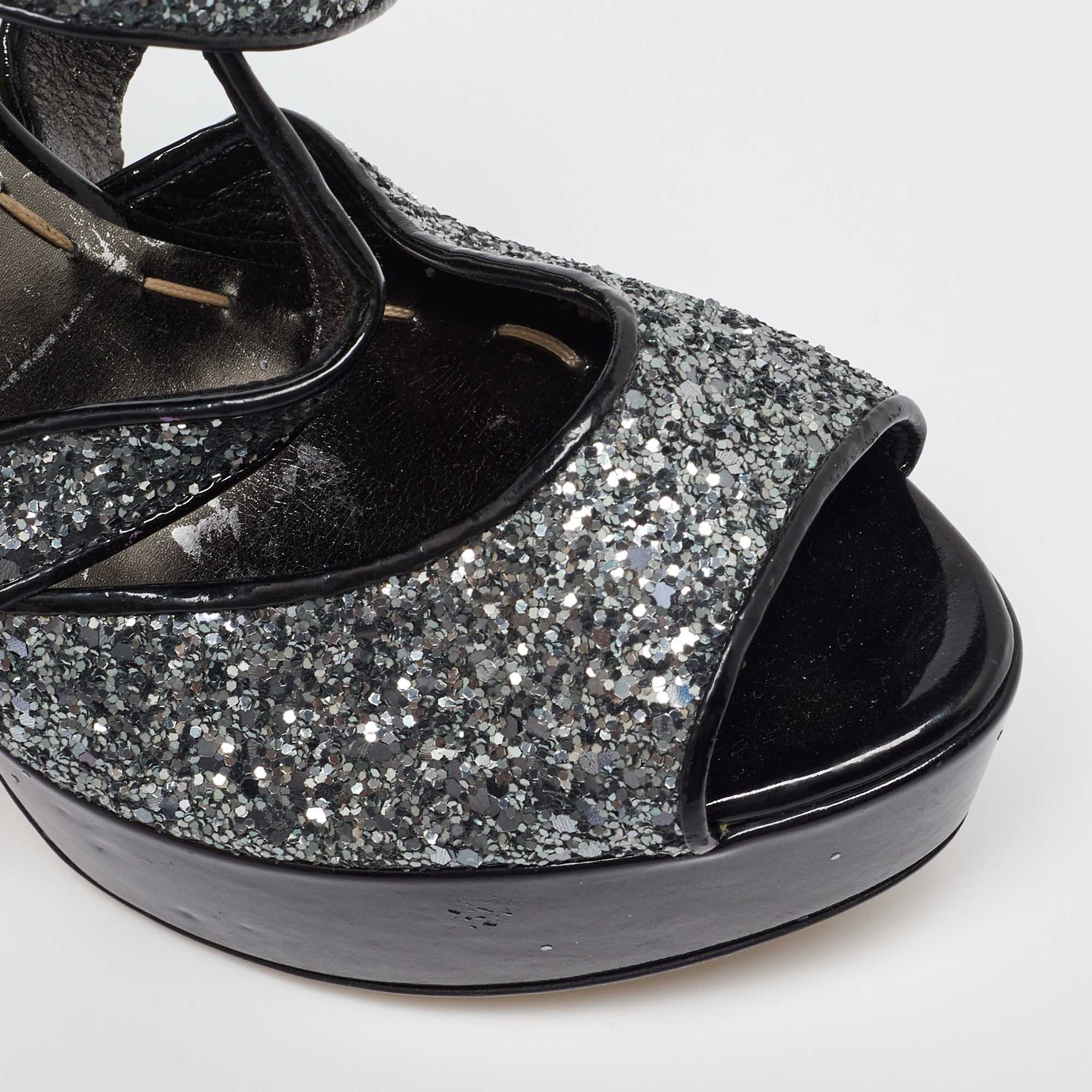 Miu Miu Metallic Grey Coarse Glitter Platform Sandals Size 38.5