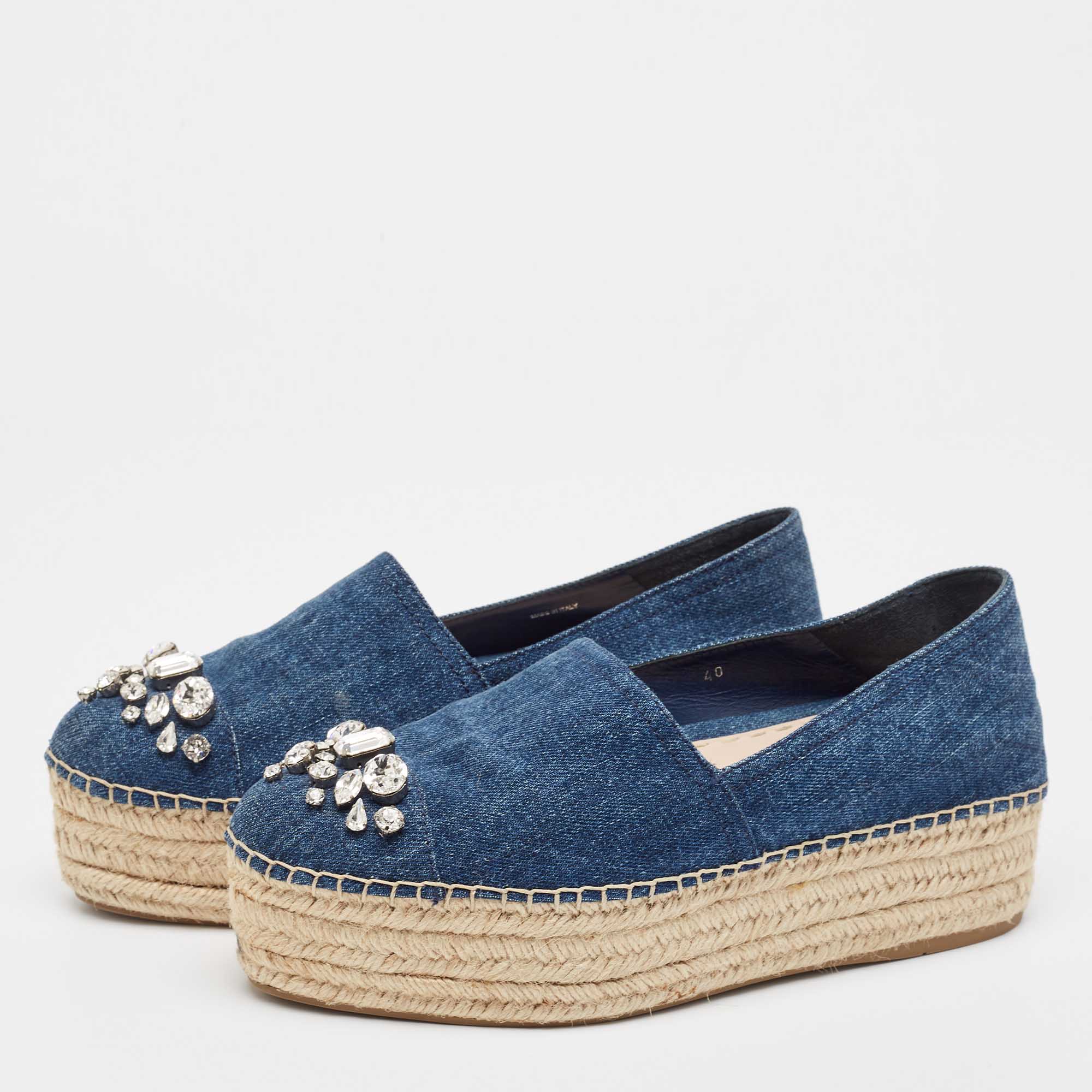 Miu Miu Blue Denim Crystal Embellished Platform Espadrilles Size 40